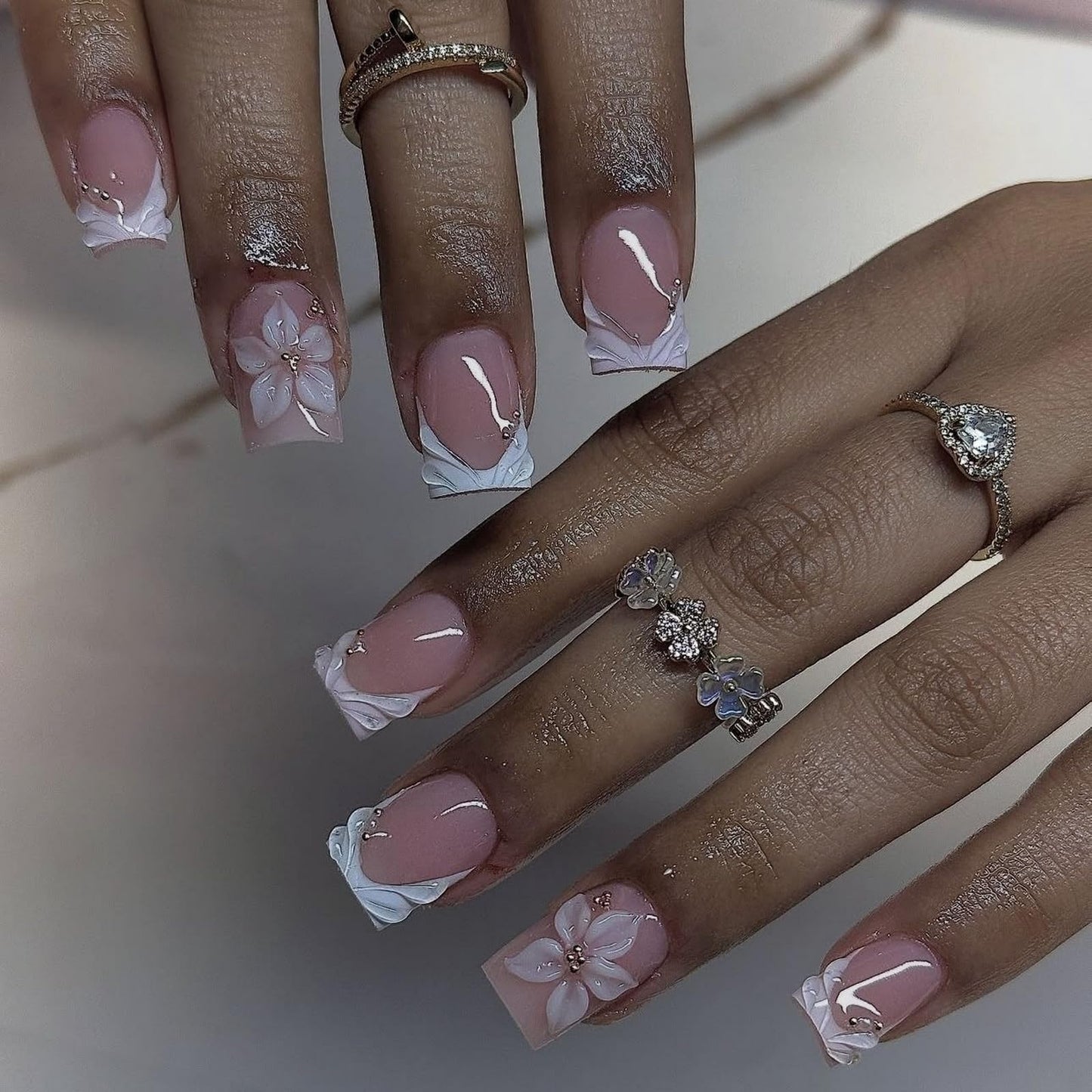 Square Press on Nails Short MABKJLF French Tip Fake Nails 3D Handmade False Nails with Flower Gold Bead Designs White Glossy Glue on Nail Acrylic Nails for Women Girls 24Pcs