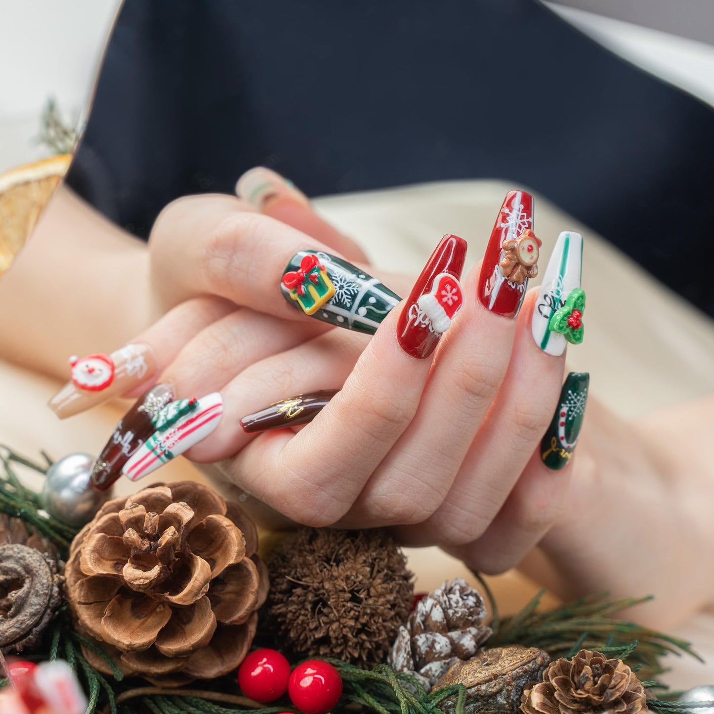 Sun&Beam Nails Handmade Press-on Long Coffin Ballerina Red Green White Brown Christmas 3D Sweet Design Fashion False Nail Tips 10 Pcs Set (#195 M)