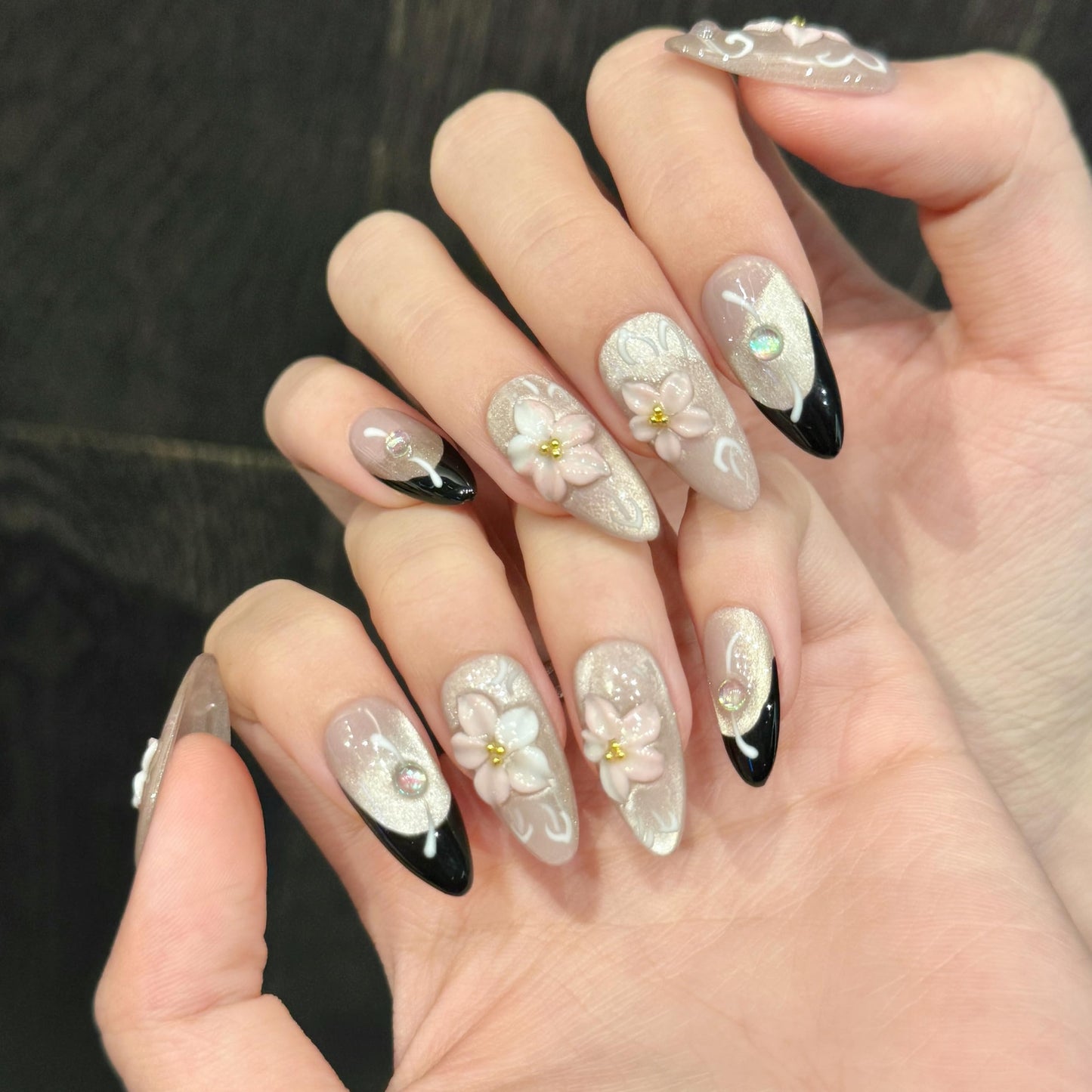 Handmade Press On Nails-3D Almond Pink Glitter Cats Eye Carved Flower,Wedding Prom And Festival Gift,Thick Acrylic and Muti-Layer Gel Reusable False Nails (L)