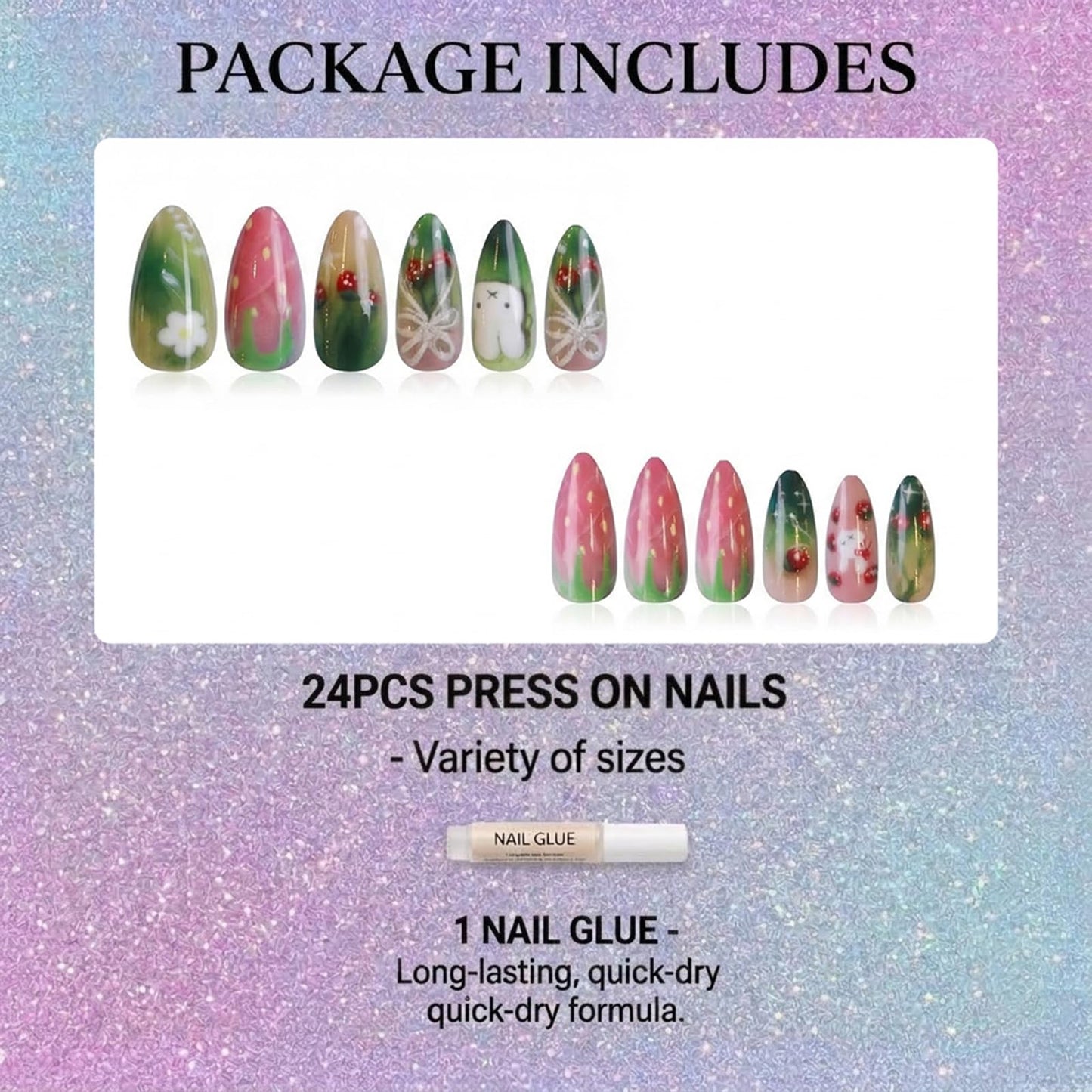 IMSOHOT Medium Almond Press on Nails, Kawaii Bunny & Strawberry Design, 24 Pcs Glossy Fake Nails with Glue for Women Girls