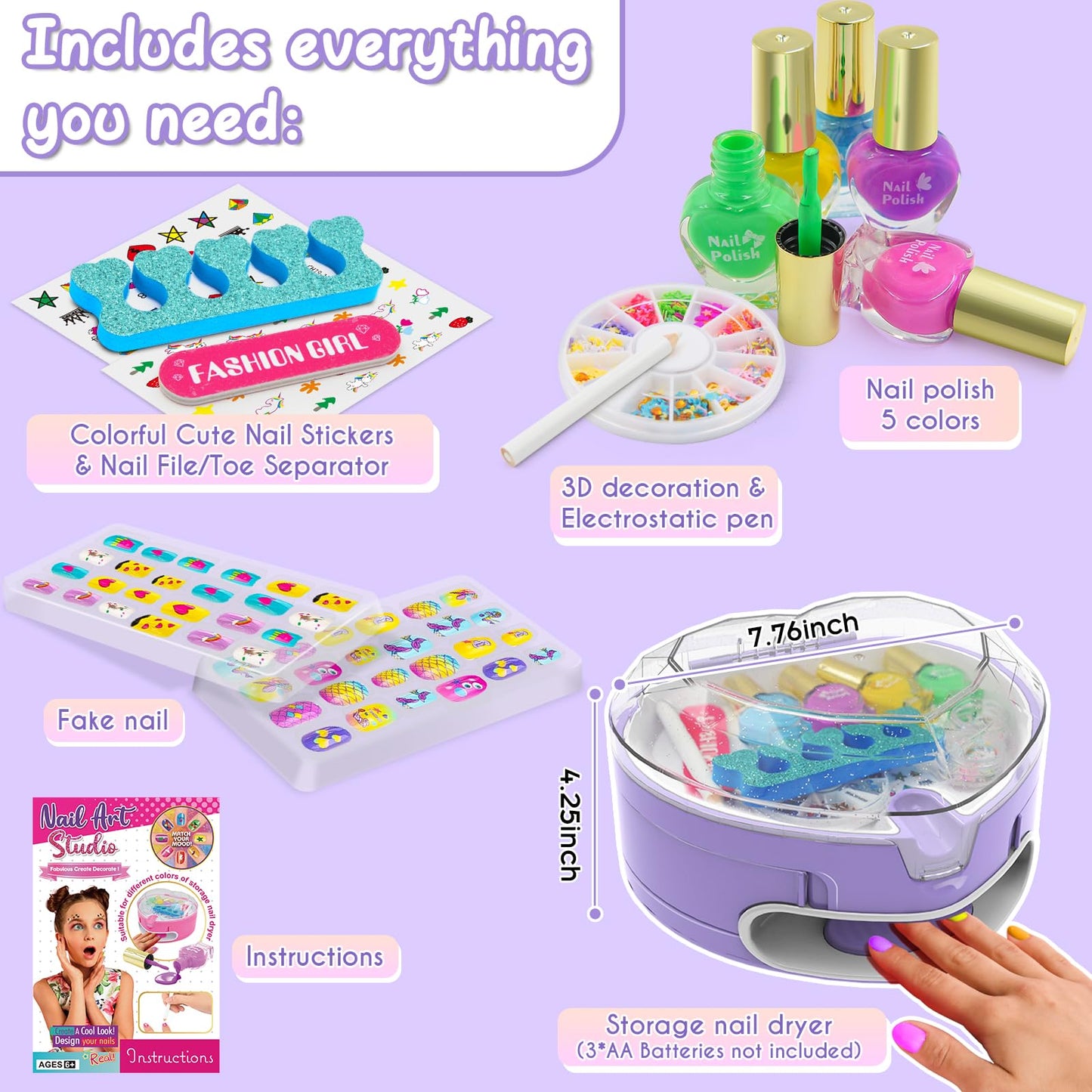 Ylovetoys Kids Nail Polish Set for Girls, Nail Art Kit for Kids Ages 7-12, All-in-One Nail Dryer Salon with Press On False Nails, Non-Toxic Polish, Stickers, DIY Decorative, Gift Toys for Girls