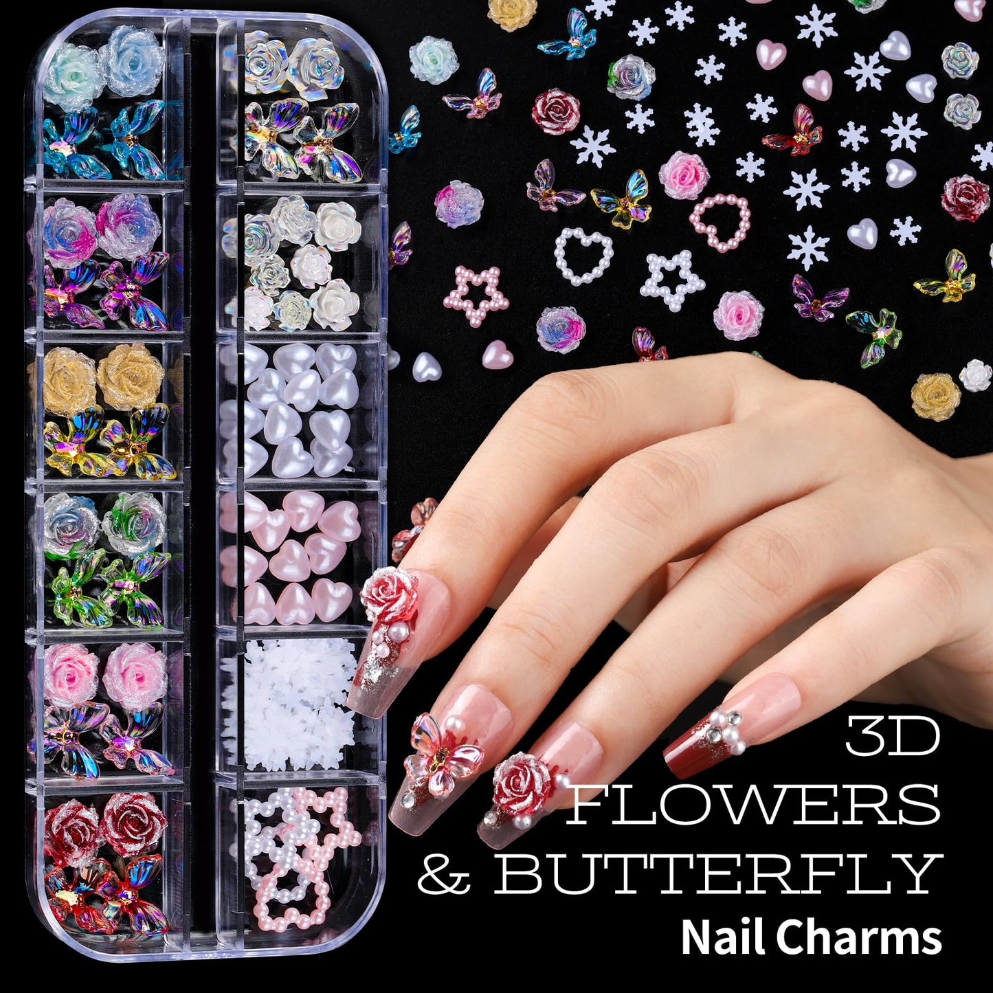 Teenitor Nail Charms and Nail Art Tools Set, Nail Art Kit with 5 Boxes of 3D Nail Charms and Gems Rhinestones, 15 Pcs Nail Art Brushes, 5 Pcs Nail Dotting Tools, 2 Set of Nail Stand