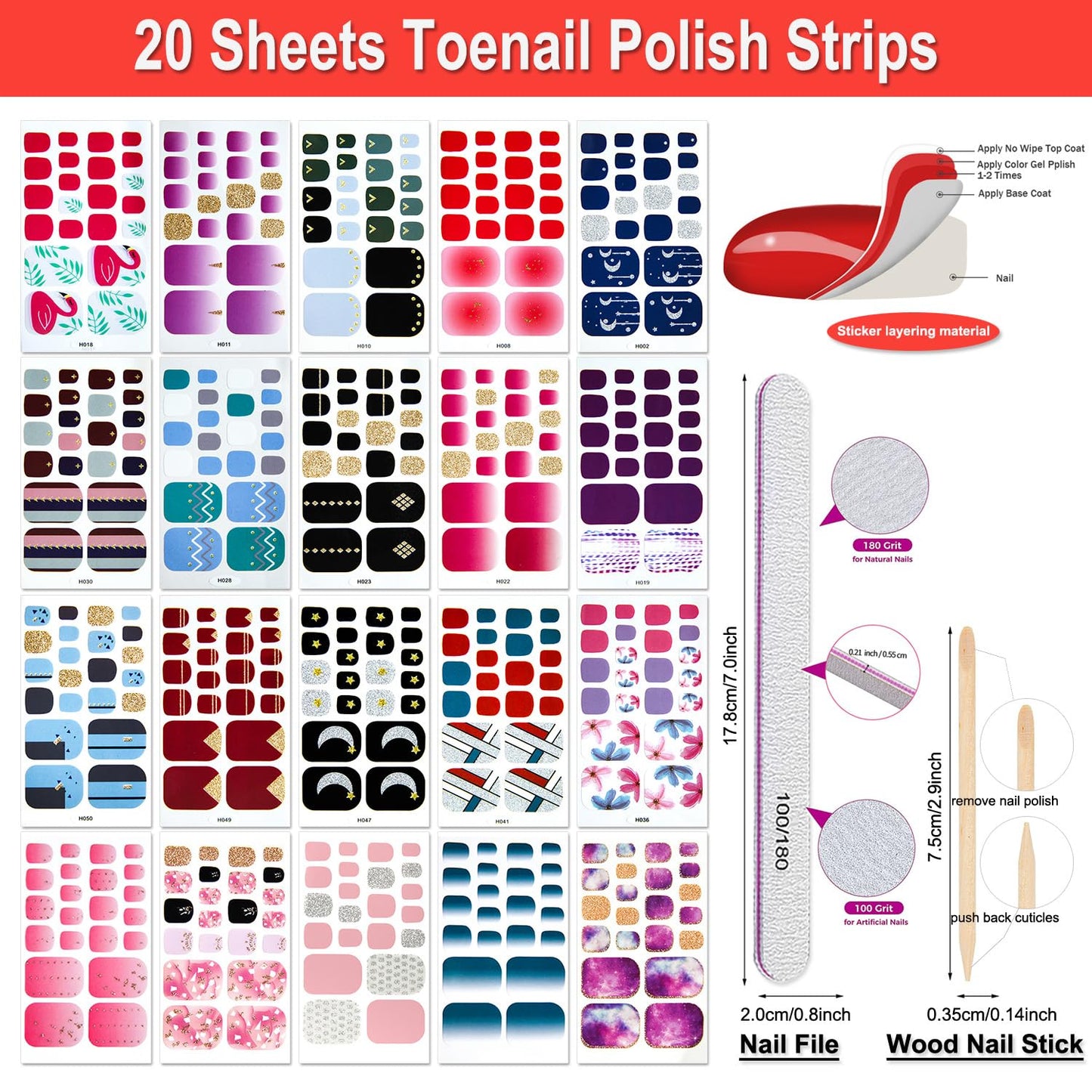 DANNEASY 20 Sheets Toe Nail Stickers Full Nail Wraps Self Adhesive Toenail Polish Strips Toes Nail Stickers Toenail Stickers Polish Manicure Sticker with Nail File, Cuticle Stick
