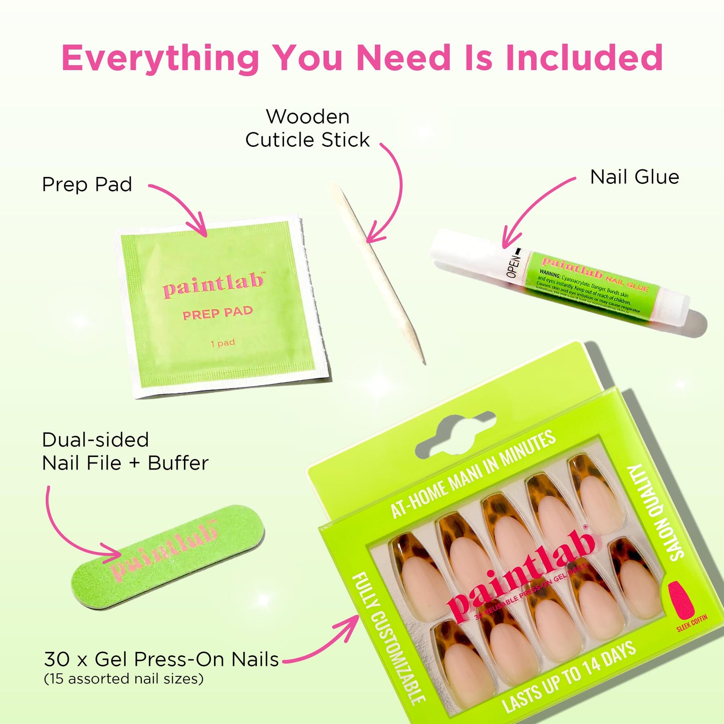 PaintLab Press On Nails - Tortoise Chic Coffin Fake Nails, 30 Nails in 15 Sizes with Glue, Reusable Salon Quality Press On Nails