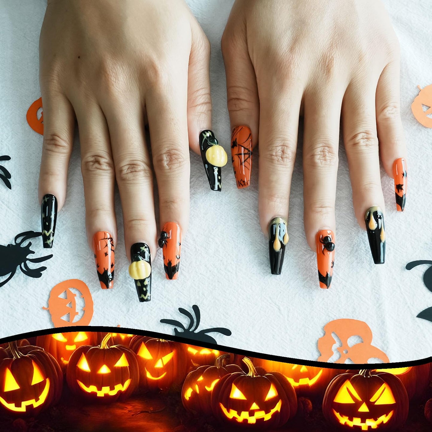 Tesytto Halloween Press on Nails Ballerina Shape Long Coffin - Black Base with Ant Web Bat Dripping Effect 3D Nail Art for Women & Girls (Pumpkin Bat Silhouette,S)