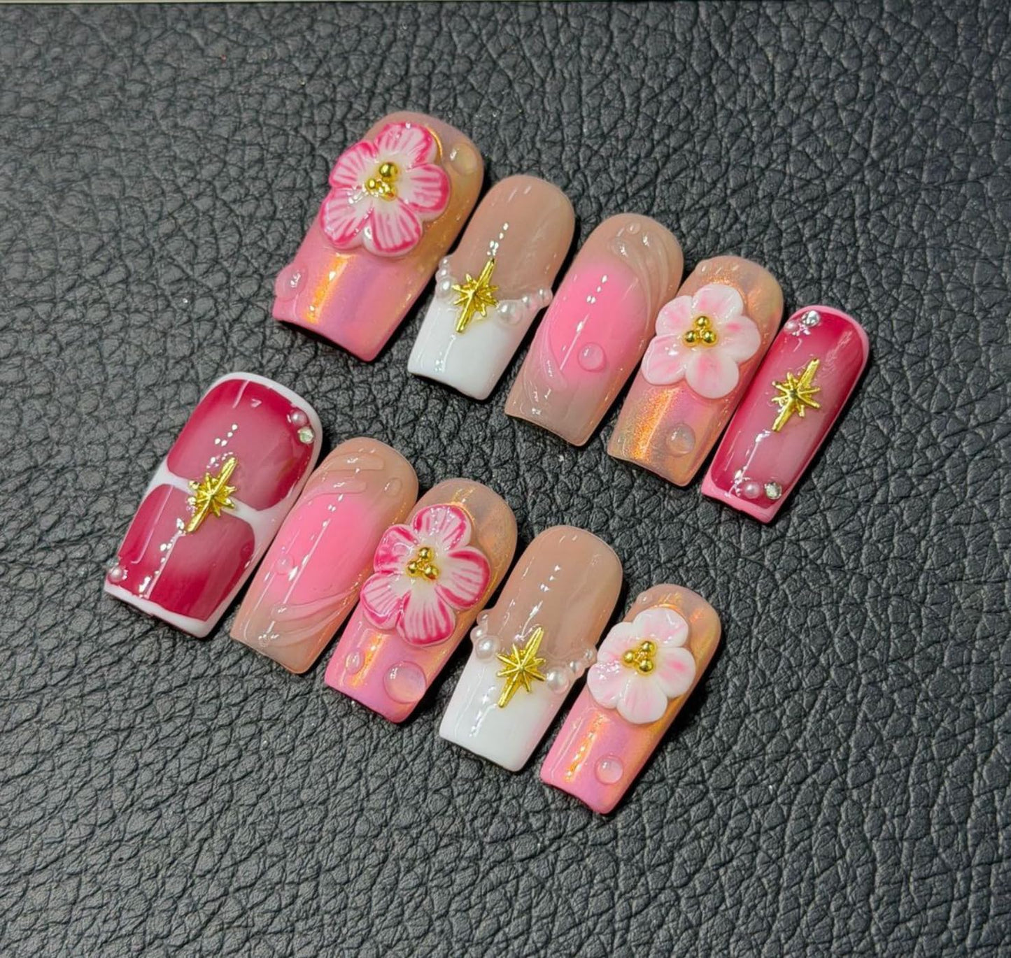 Haozerart Handmade Acrylic Press on Nails, Medium Square French Tip Fake Nails, Glossy Pink with 3D Floral & Pearl Design, Salon Quality Reusable Nails, 10Pcs (M Size)