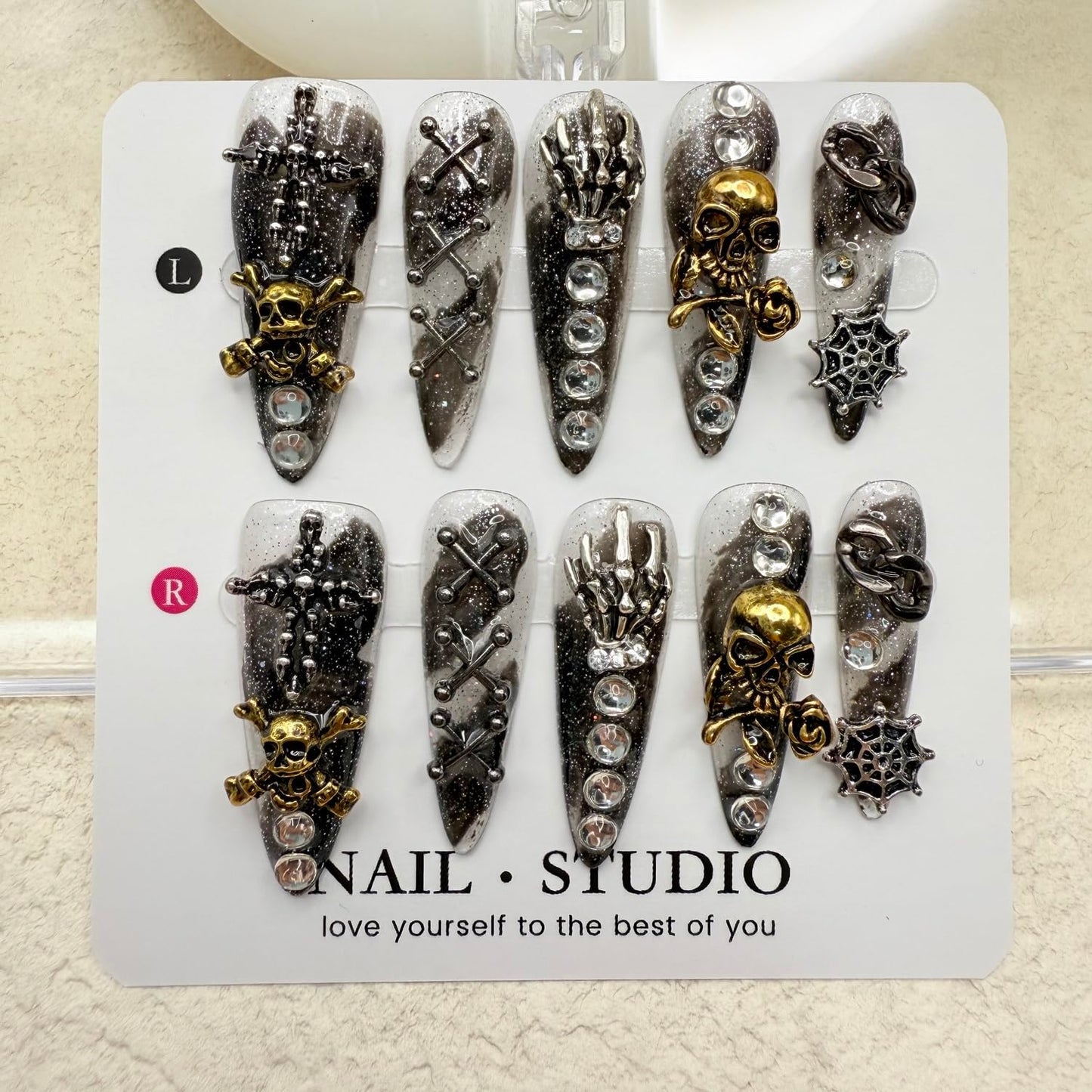 Halloween Press on Nails Handmade Press on Nails Long Almond Fake Nail Skeleton False Nail with Spider Web and Rhinestones Designs Full Cover Glue on Nails Glossy Halloween for Women (Size M)