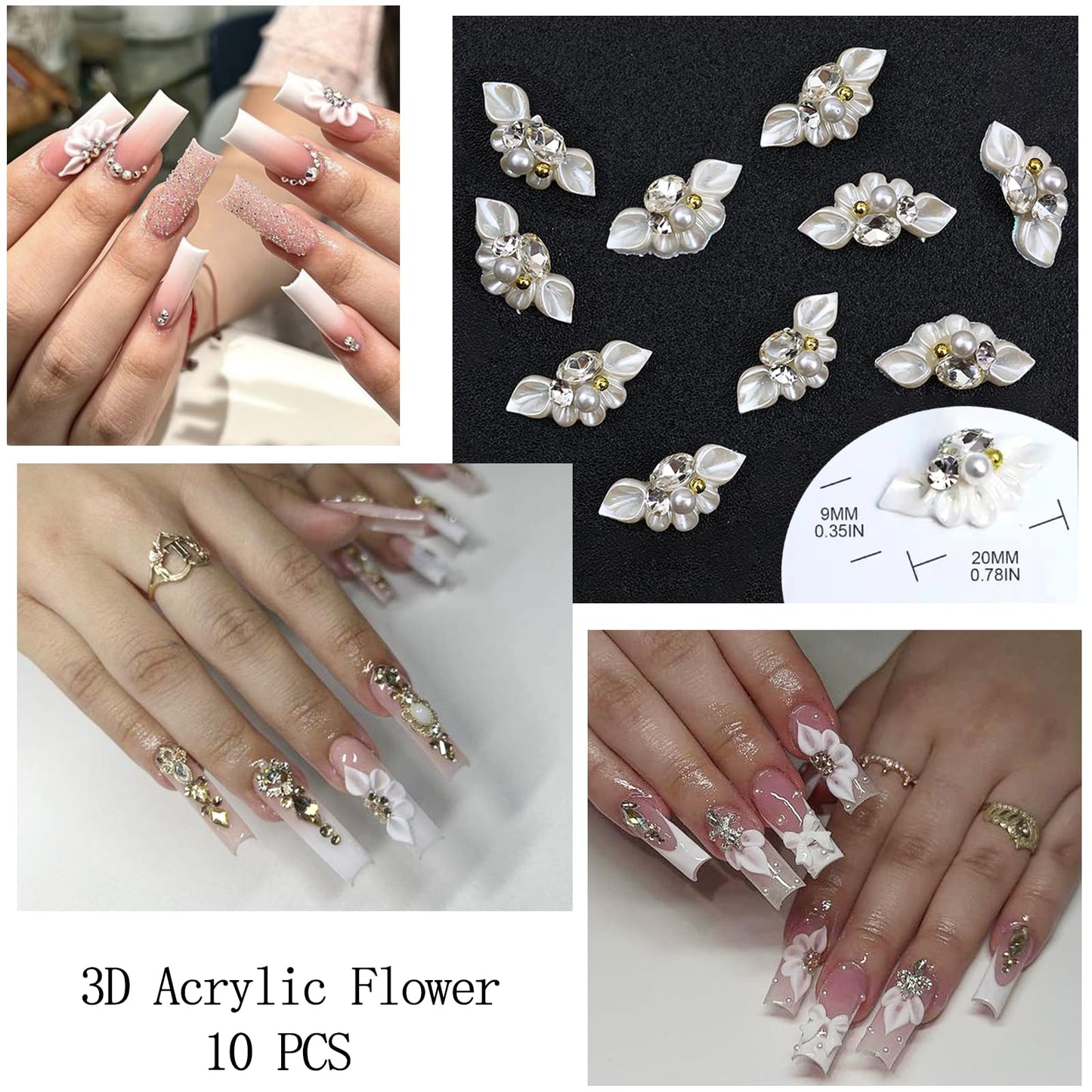 SEMATA 3D Flower Nail Art Charms Mixed Size White Nails Gems Flatback Nail Pearls White Flower Nails Art Accessories Decoration Design for Women