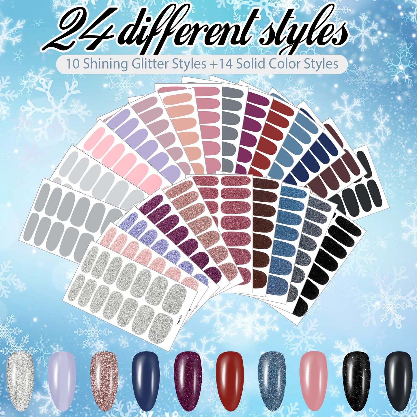 Maitys 336 Pieces 24 Sheets Nail Wraps Gel Nail Stickers Polish Strips Self Adhesive Seasonal Solid Color Decal Manicure Kits with File for Women Girls Holiday(Cute Style,Cute Color)