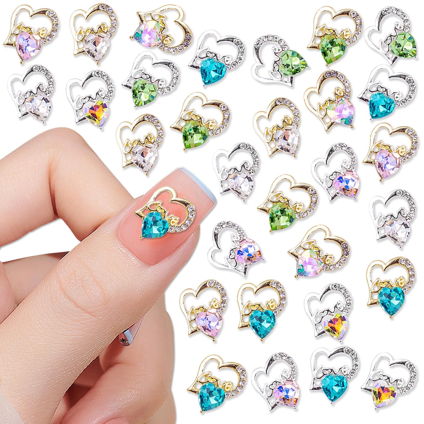 SILPECWEE 30pcs Heart Nail Gems Charms Gold Silver Nail Rhinestone Jewels Studs 3D Nail Crystals Charms Diamond Flat-Back Nail Art Decoration for Valentine's Day DIY Craft Making Jewelry