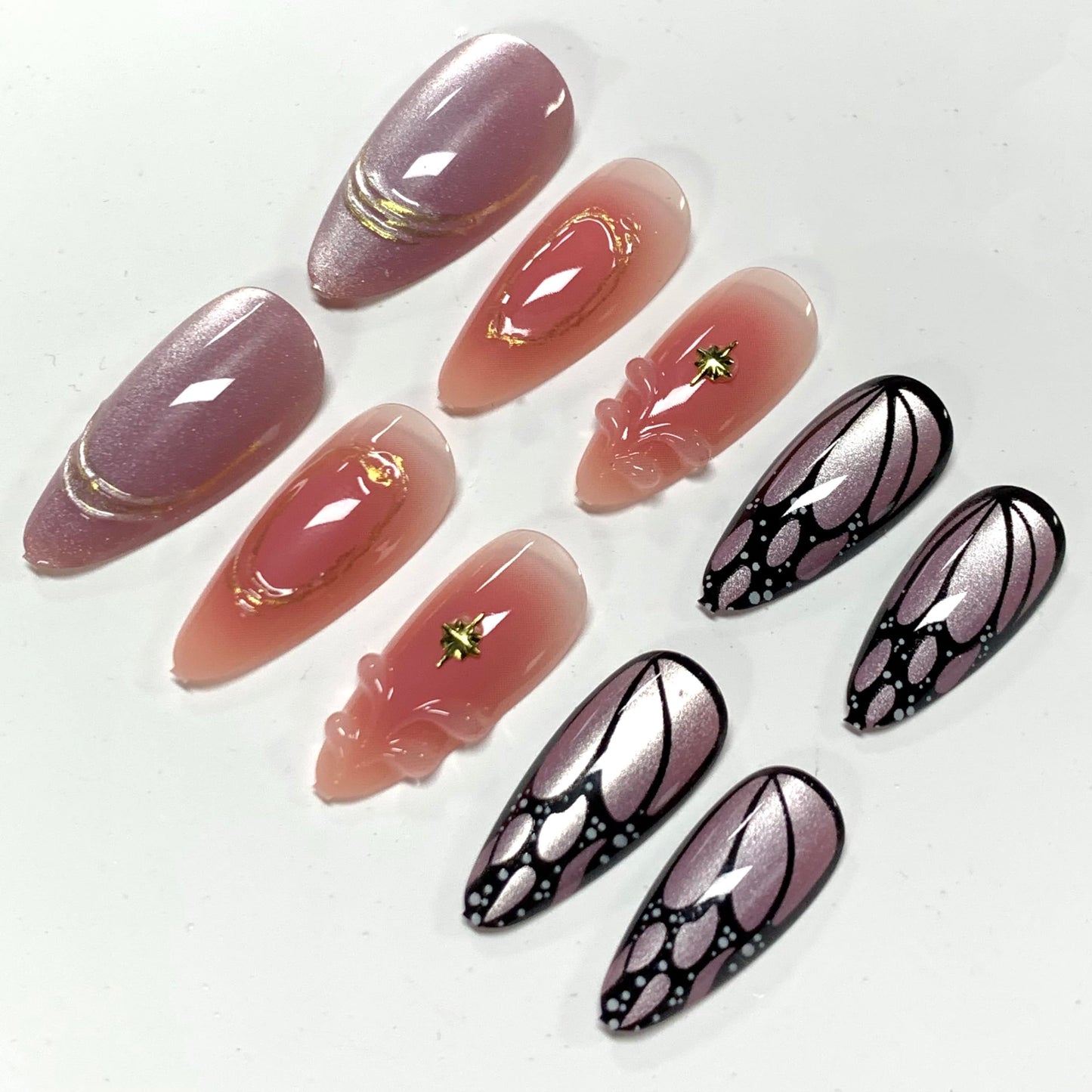 BABALAL Press On Nails, Medium Almond Fake Nails, Pink Purple Cat Eye Ombre With Gold Star & Butterfly, Y2k Summer Bling Shiny Full Cover Glue On Nails 24Pcs