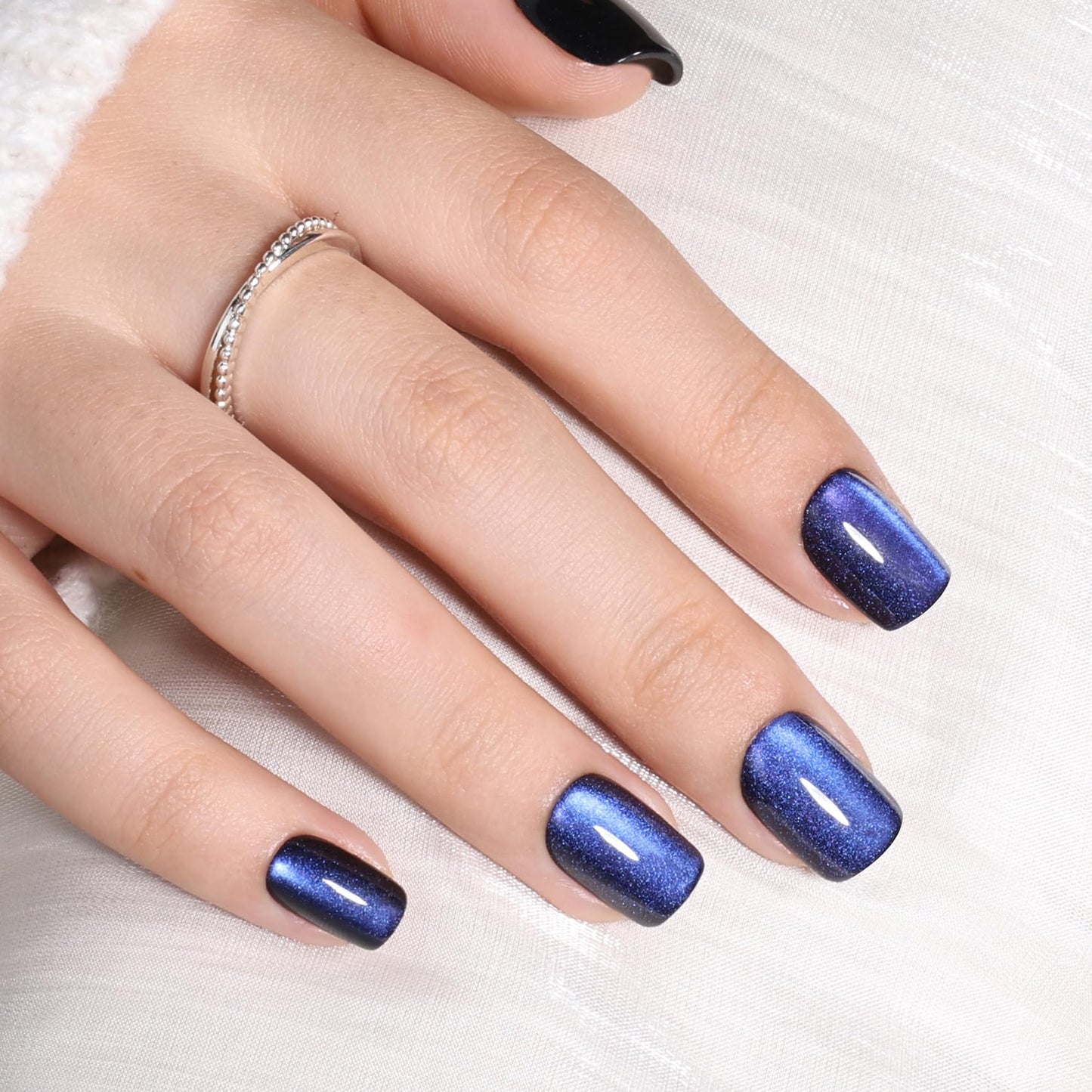 Blue Cat Eye Press On Nails Square - Short Square Fake Nails with Nail Glue, Dark Blue Cateye Press On Nails Reusable Stick On Nails in 15 Sizes 30 Nail Kit for Women & Girls | Salon Quality