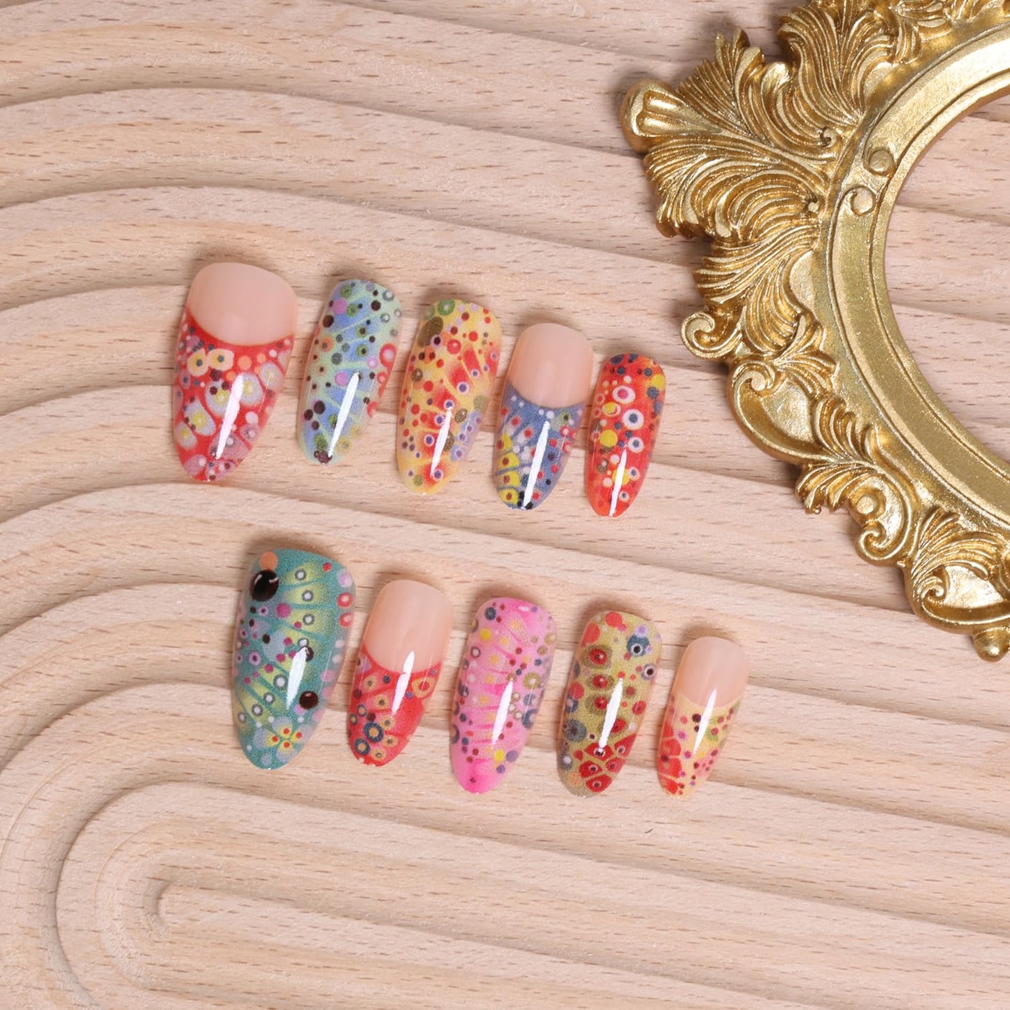 BSBTBZ Colorful Polka Dots Press On Nails Medium Almond Shape 30pcs Acrylic ABS False Nails French Tip Glossy Full Cover Artificial Nails for Women
