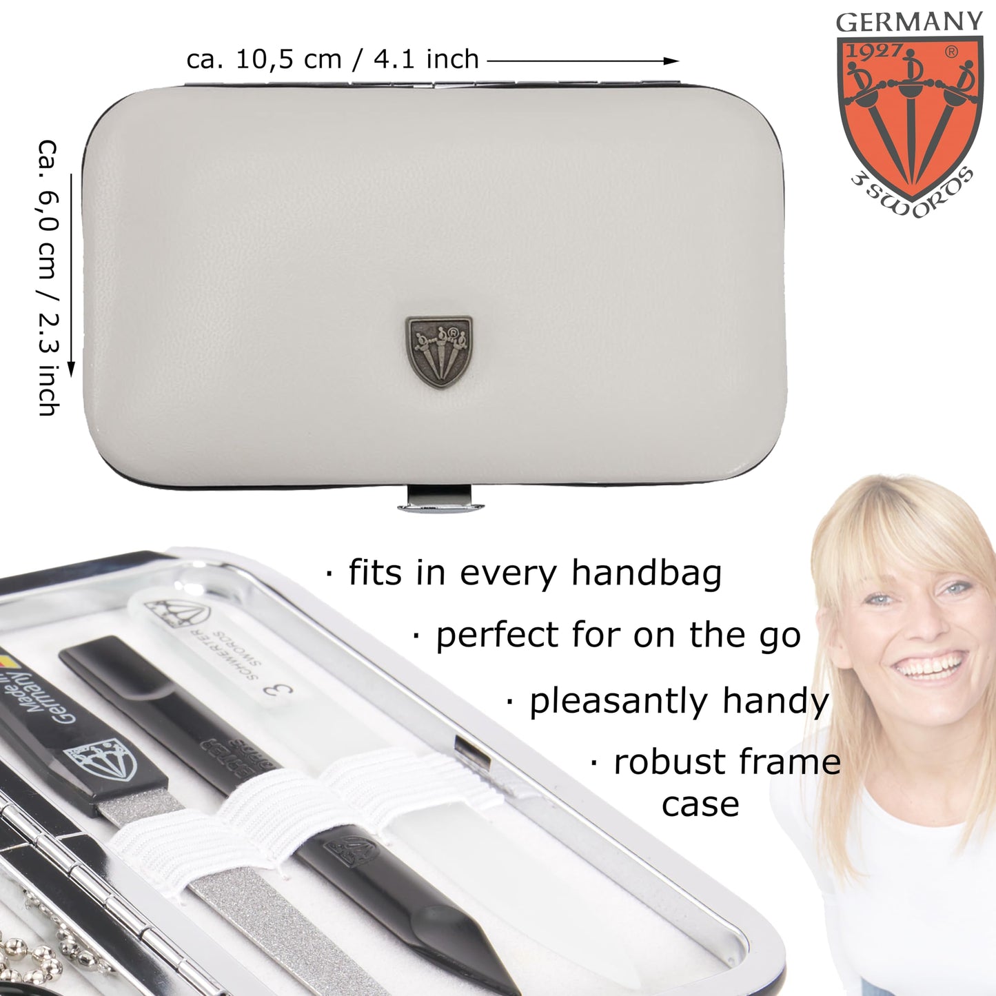 3 Swords Germany - Brand Quality 6 piece Manicure Pedicure Grooming kit Set - Scissors, Metal and Glass Nail File, Clipper, Tweezers with Synthetic Leather case - White/Black Tools