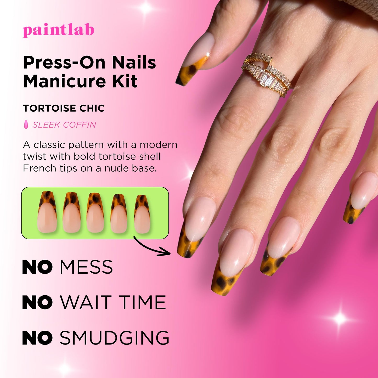 PaintLab Press On Nails - Tortoise Chic Coffin Fake Nails, 30 Nails in 15 Sizes with Glue, Reusable Salon Quality Press On Nails