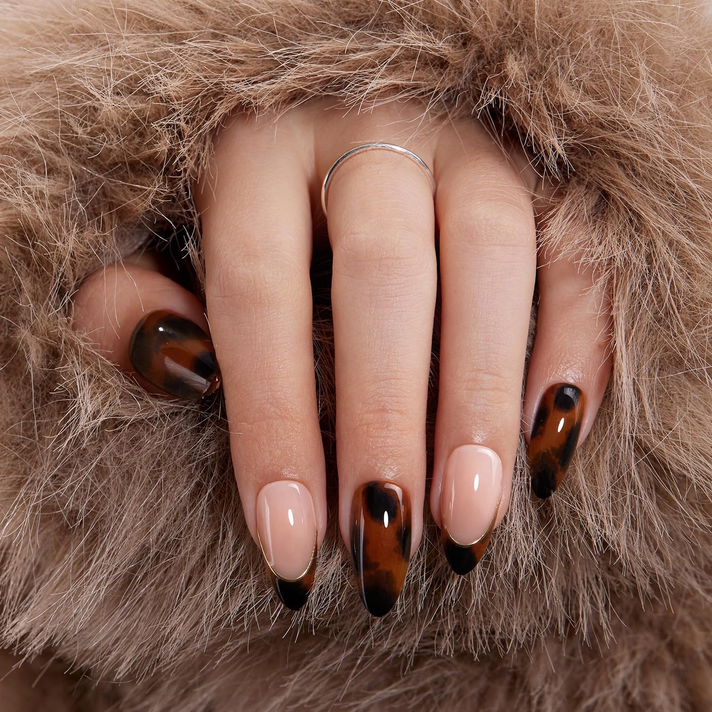 VSALON Press On Nails Short Almond, 32 Pcs 16 Sizes Brown Cat Eye & Tortoise Shell French Tip Glue On Nails Kit for Women