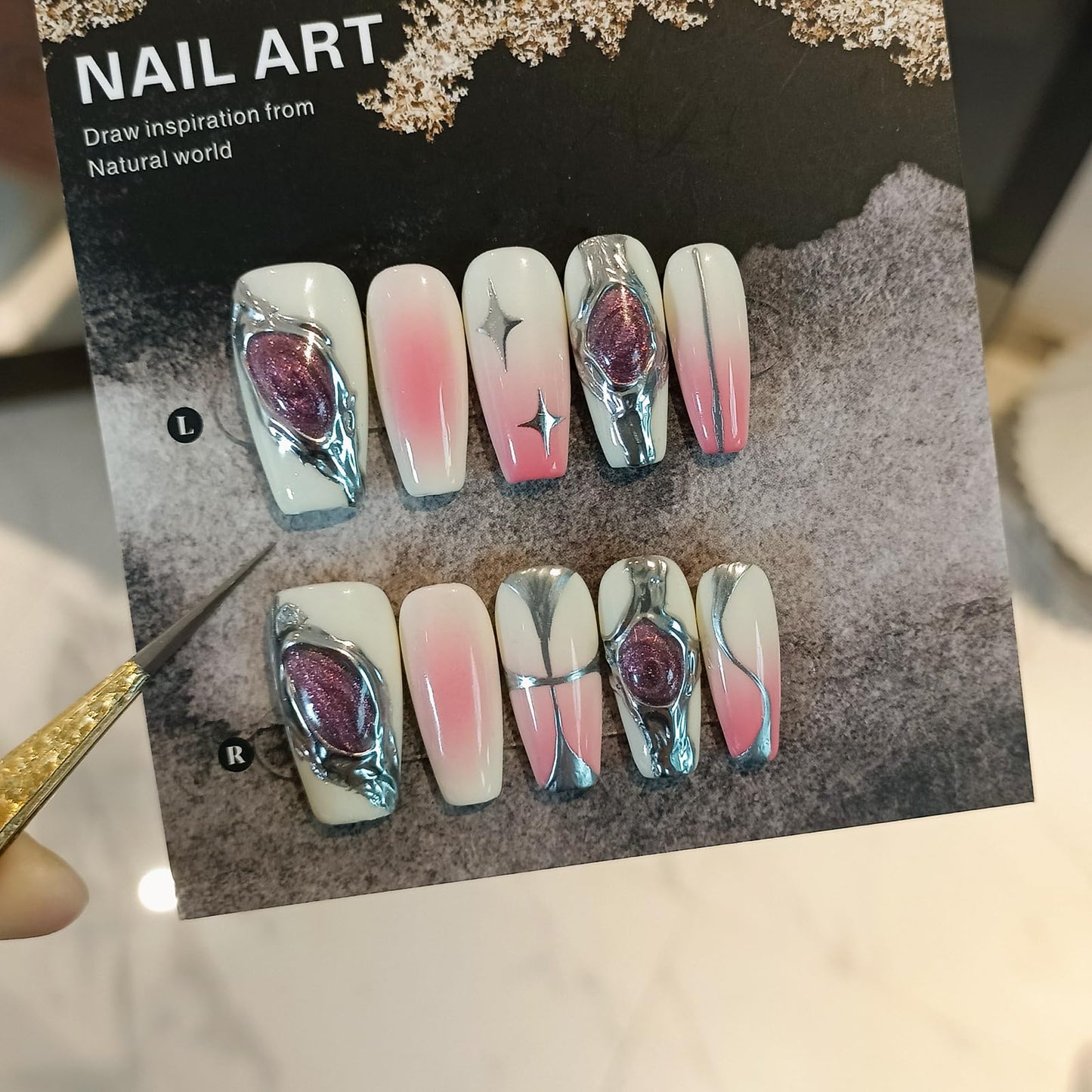 TENPAL 10pcs Coffin Press-On Nails Kit,Punk Metal Glam False Nails with Airbrush Blush Designs,Cat Eye Edgy Gradient Pink Nails with Rhinestones,Hip Hop Goth Chrome Fake Nails Set with Tools(XS)