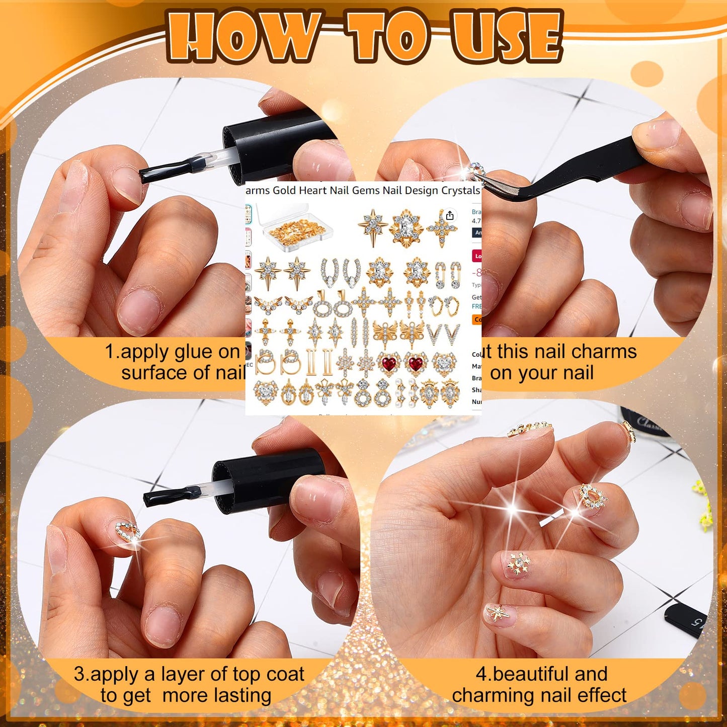 Lounsweer 100 Pcs Gold Nail Charms and Gems, 3D Gold Rhinestones Shiny Metal Crown Heart Butterfly Angel Luxury Crystal Diamonds Decor for Acrylic Nails Art Alloy Women Art Design DIY