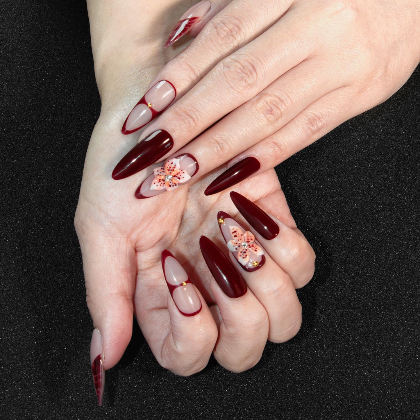 Vanpaga Handmade Stiletto Press on Nails Long Burgundy Glossy Gel Nails with 3D Flower Rhinestone Design, Reusable Stick on Fake Nails for Women (Size M)