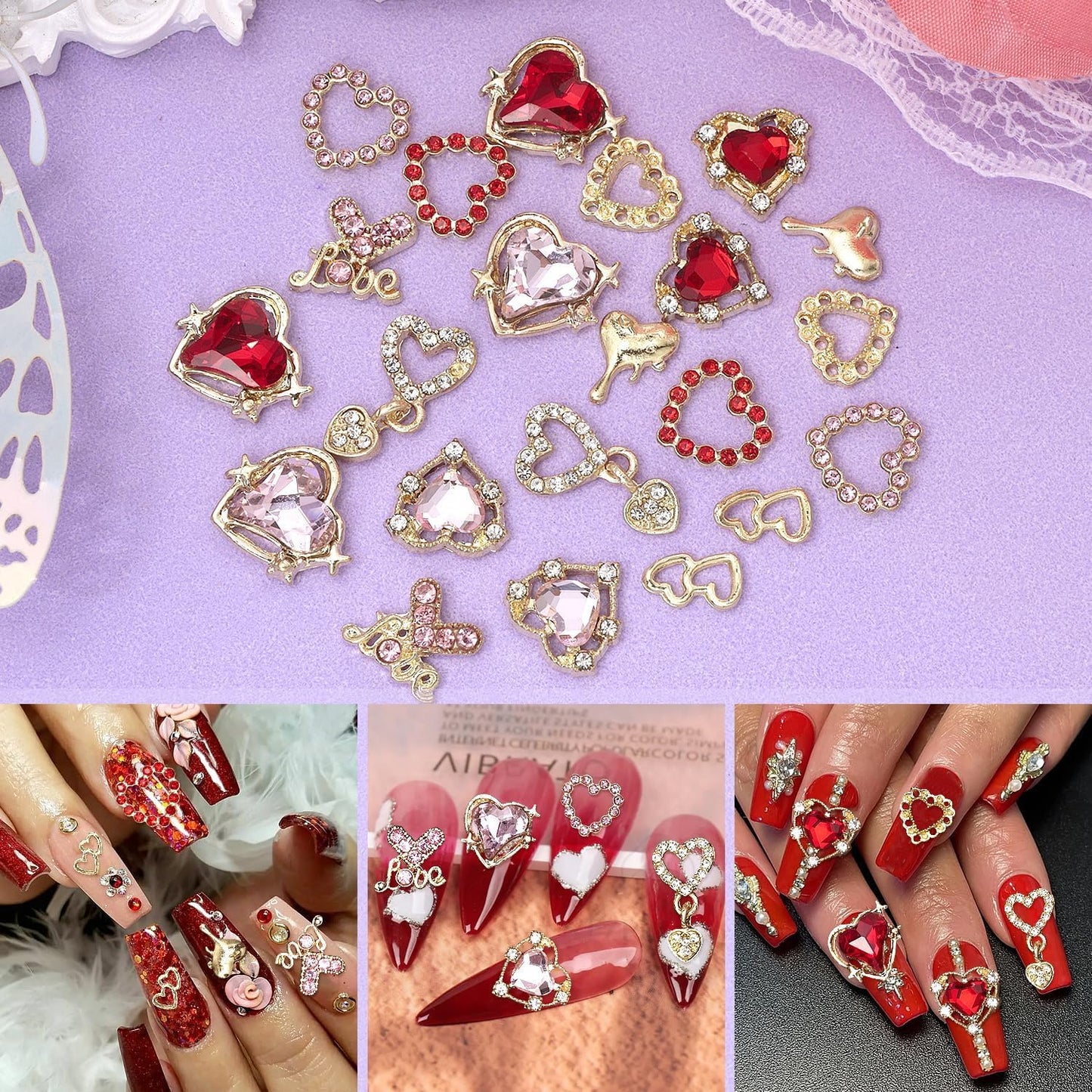 220 Pcs Gold Bow Heart and Acrylic Nail Art Charms, Love Nail Rhinestone and Gems, Pink Red Hearts Bowknot Junk Case Charms for Y2K Nail Art Manicure Design