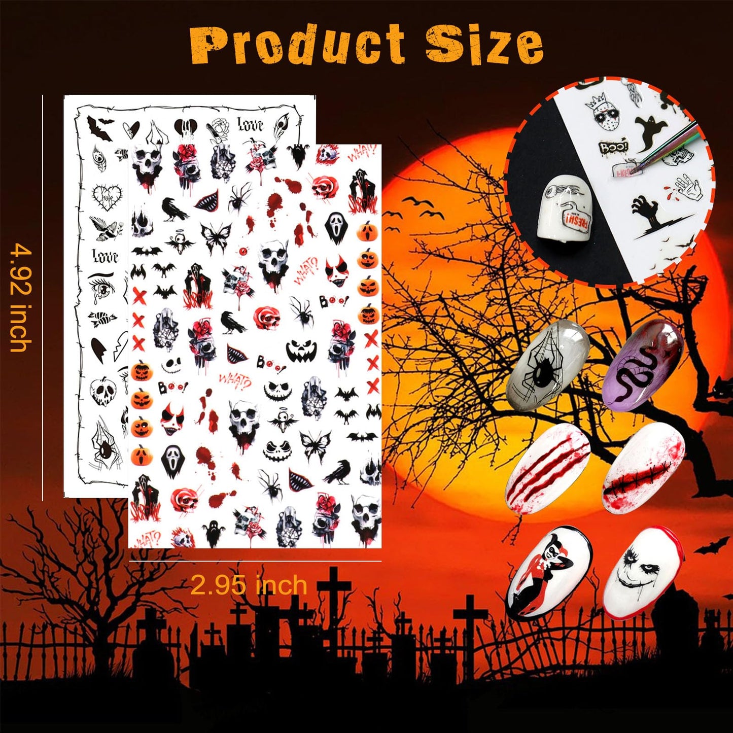 SIUSIO 15 Sheets Halloween Nail Art Stickers Cute Pumpkin Skull Ghost Party Theme 3D Self-Adhesive Horror Witchy Bat Poker Blood Nail Decals Nail Supplies DIY Nail Stickers for Women Girls Kids Decor