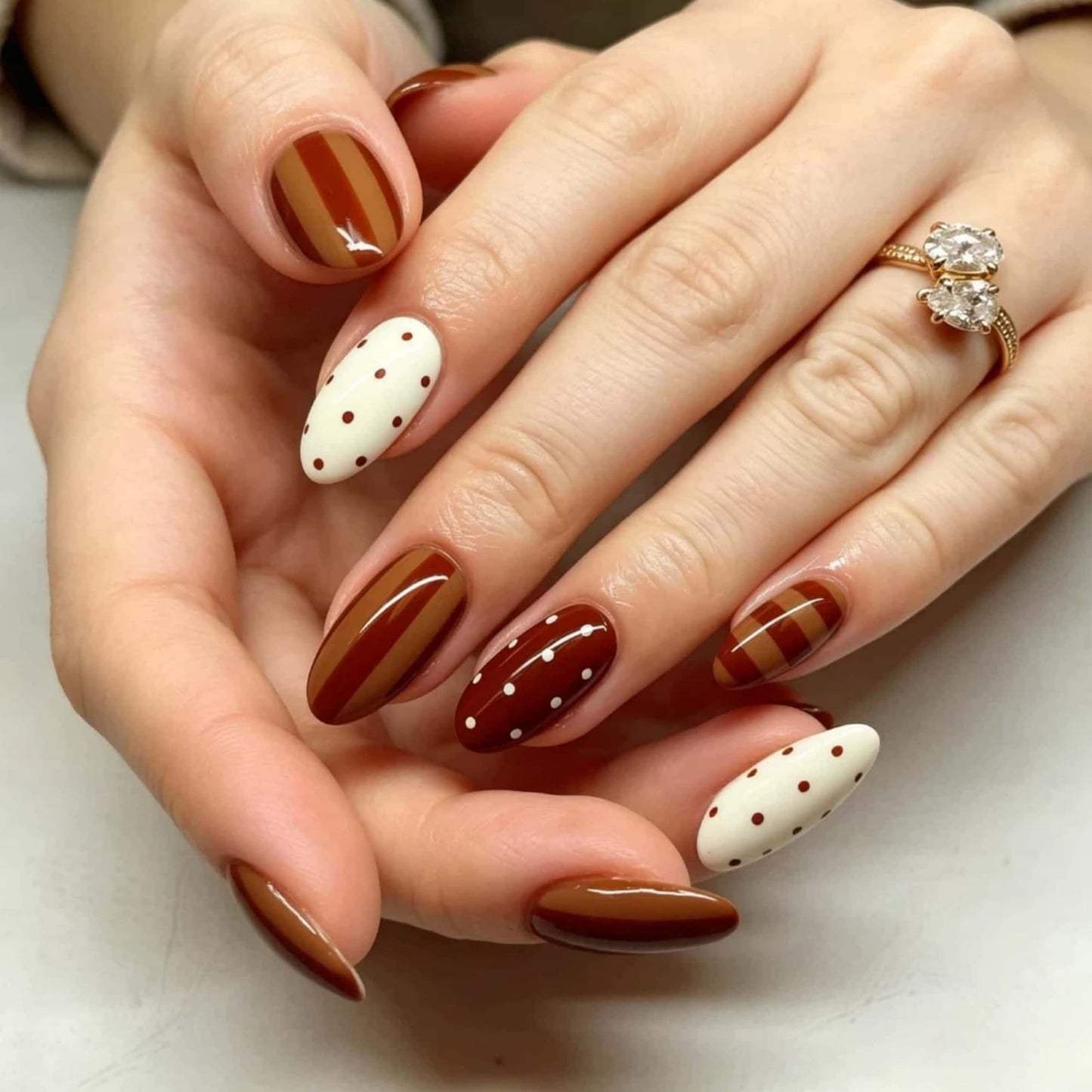 CLYHLTMZ Almond Press On Nails Short Fake Nails with Polka Dot Brown Stripes Design Glue On Nails 24 Pcs Cute Acrylic Press on Tips White Full Cover Stick on Nail Reusable Manicure Sticky for Women