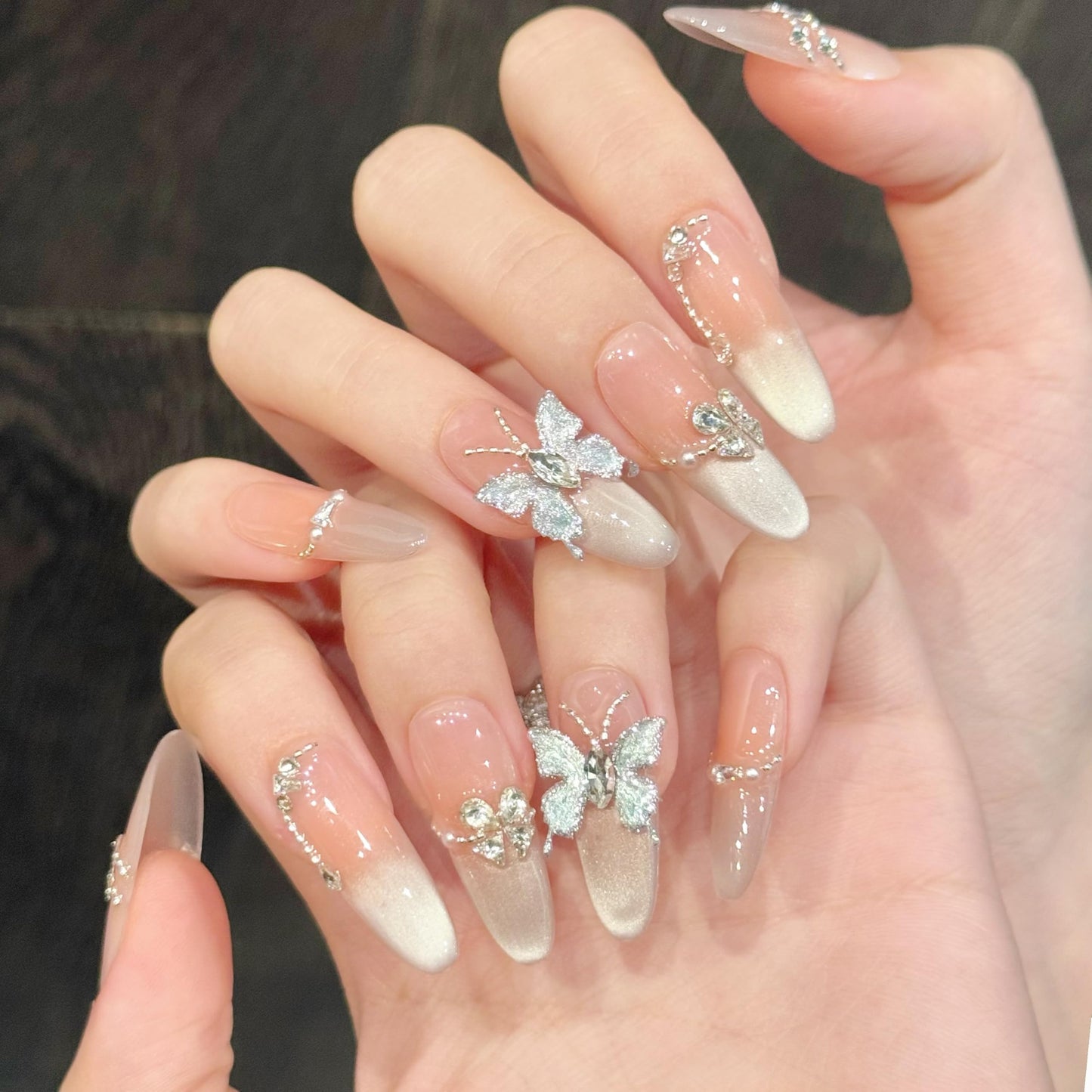 Handmade Press on Nails Stiletto Elegant Almond Shaped Nails in Pink and White Embellished with Rhinestone Butterflies Handmade Stiletto Press on Nails 3D Luxury Press on Nails（M）