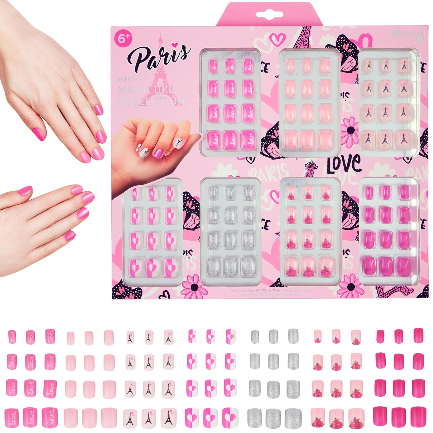 7 Day Manicure Collection - 84PC Press On Nail Set, Day-Of-The-Week Adhesive False Nails for Girls (PARIS LOVE Collection) – Colorful Novelty Designs Stick On Nails For Kids