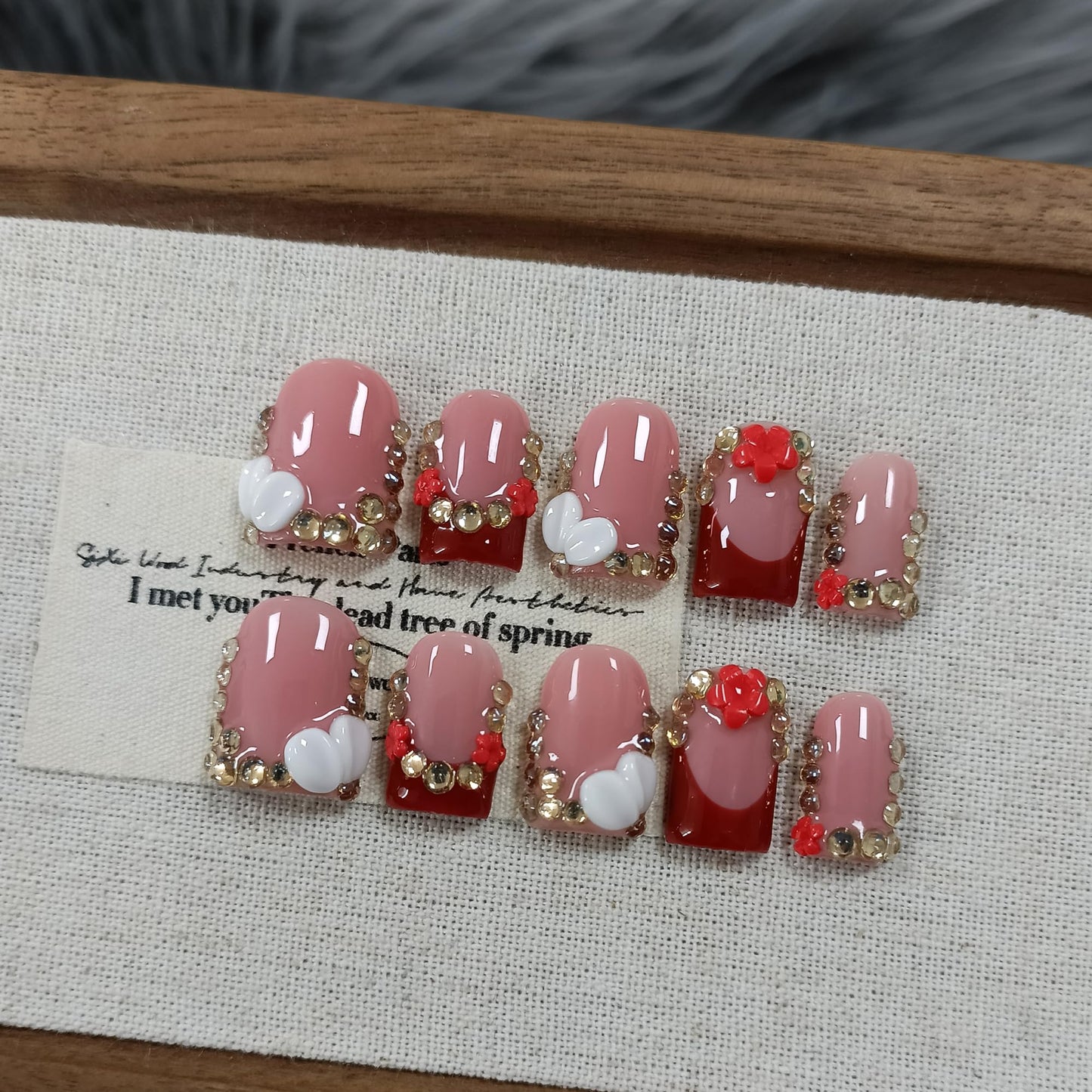 TENPAL Short Squoval Press on Nails - Red French Tip with Rhinestone Edge & Floral | Nude Pink Glossy Fake Nails | Clean Girl Manicure Set(S)