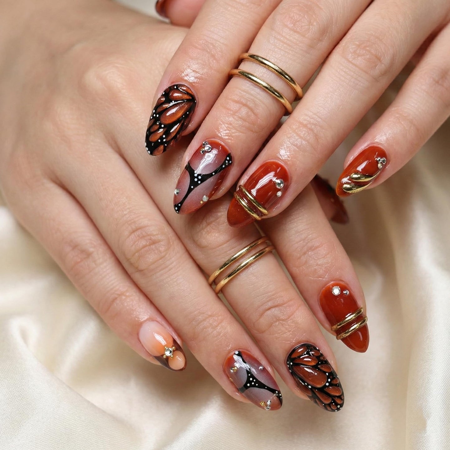 Almond Press on Nails Long Fake Nails Red Acrylic Nail Press ons SEENEEY Black Butterfly Designs Gold Charm Rhinestones Stick on Nail for Women 24pcs
