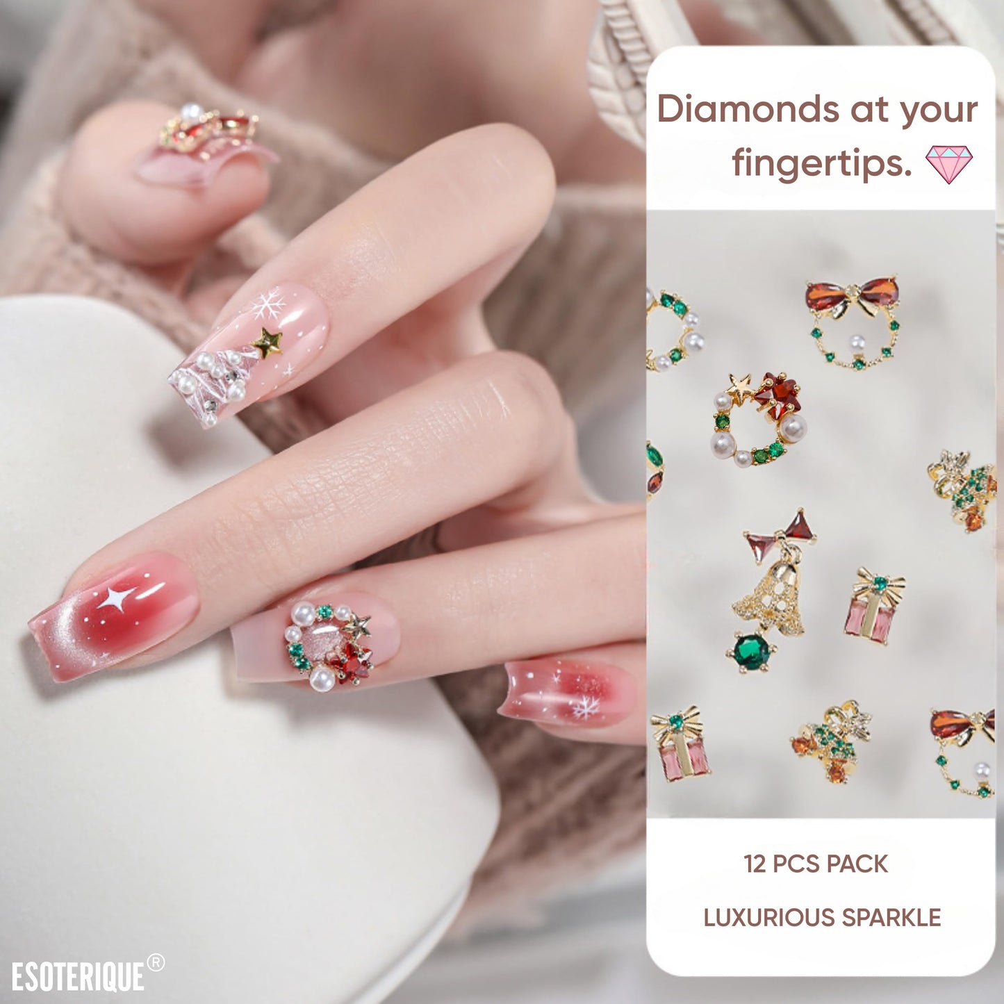 12PCS Christmas Nail Art Charms - Natural Zircon Gems with 3D Alloy Mix Shapes, Luxury Rhinestones & Crystal Diamonds for Shiny Winter Holiday Nail Decorations