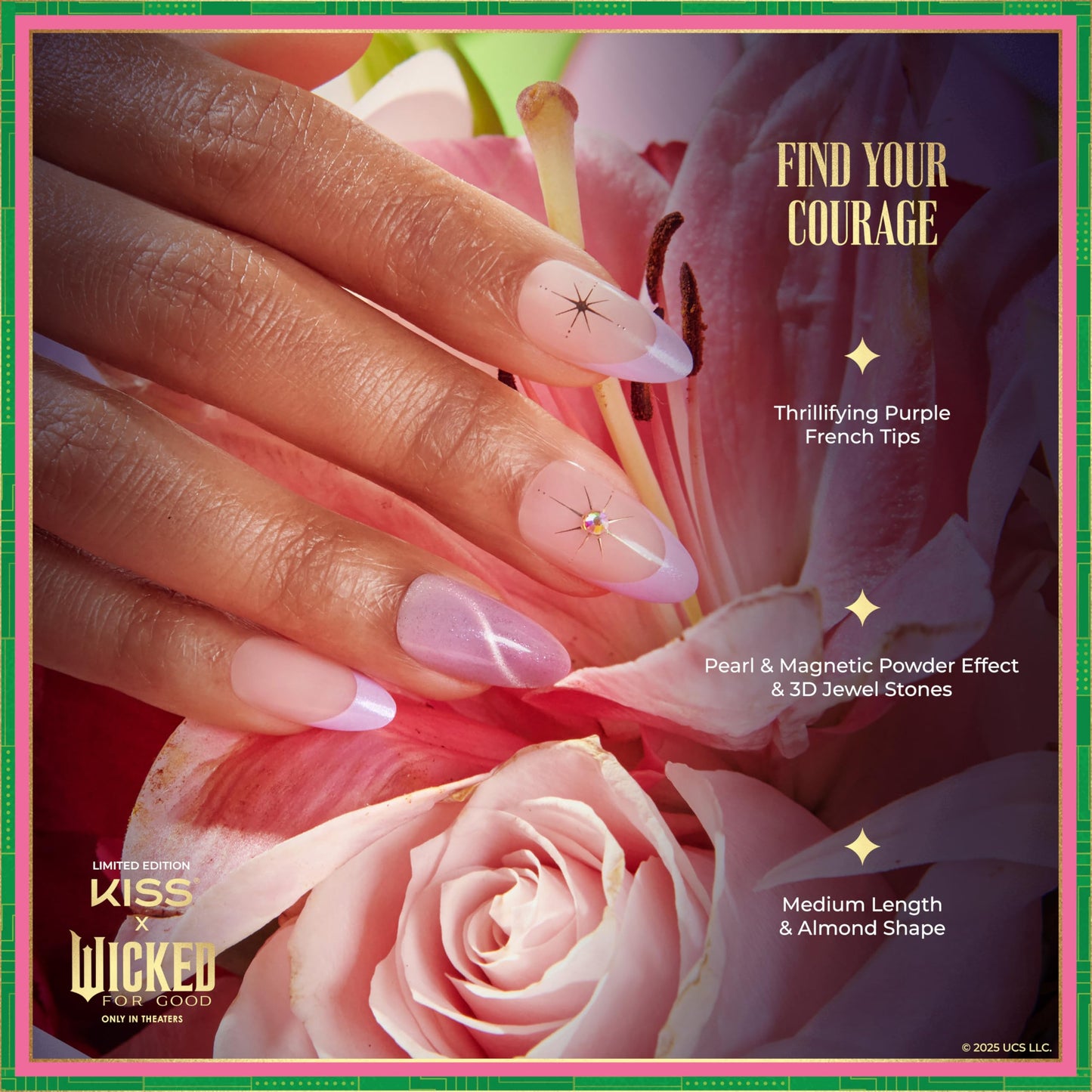 KISS X WICKED: FOR GOOD Press On Nails Almond, ‘Find Your Courage’, Purple, Medium, Waterproof, Chip Proof, Smudge Proof, 28 Fake Nails, Pink Gel Nail Glue (2g), Mini Nail File, & Manicure Stick