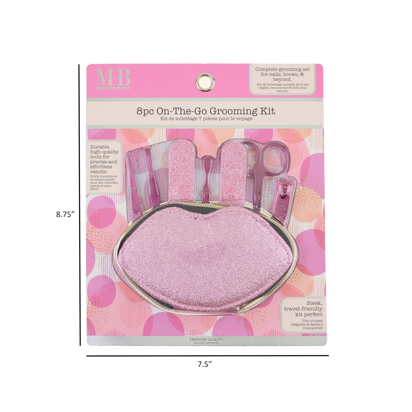 8pc On-The-Go Grooming Kit – Premium Manicure & Pedicure Set for Nails, Brows & Beyond – Complete Travel Grooming Tools with Pink Glitter Lip Case