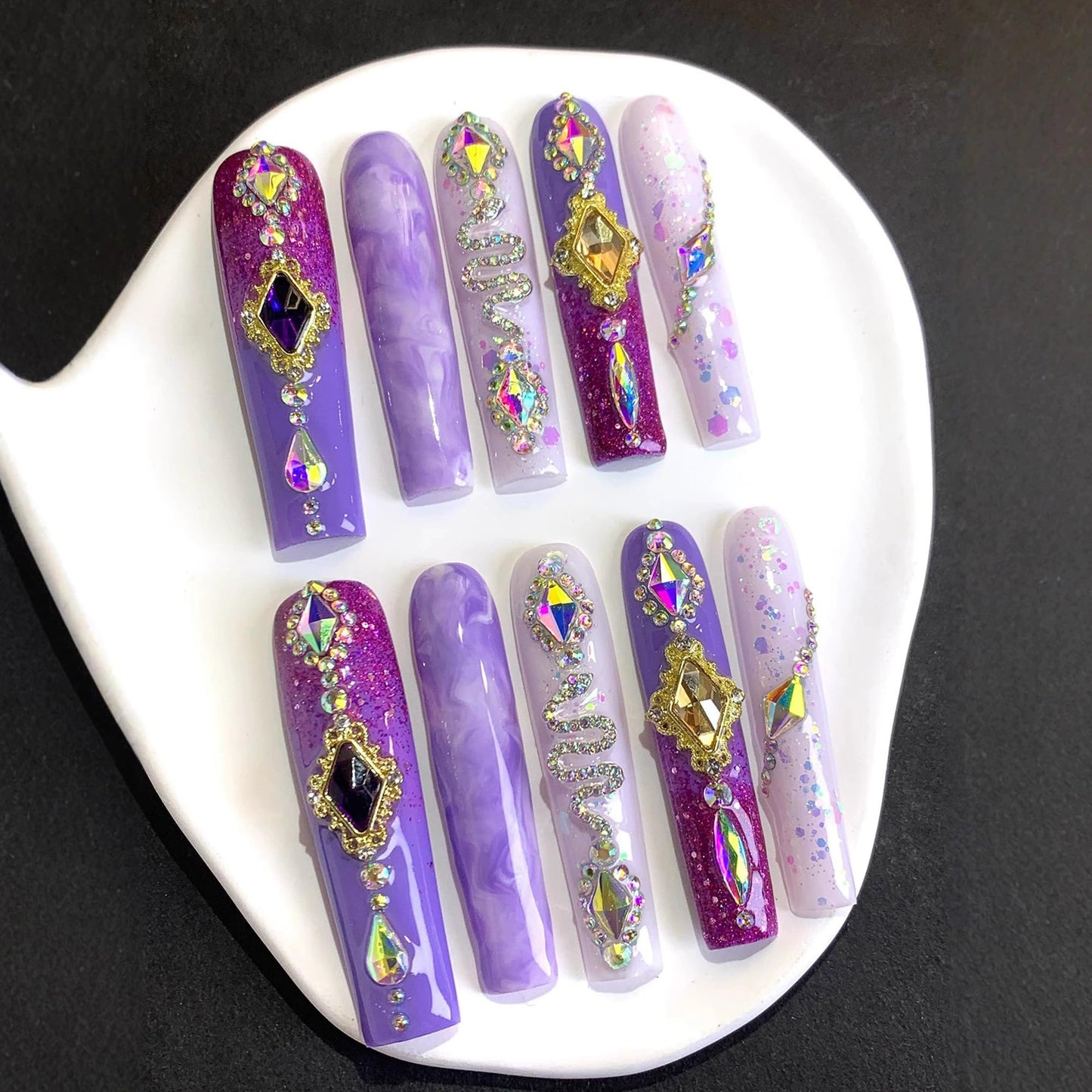 Extra Long Handmade Press On Nails Square Violet Fake Nails Glitter Full Cover False Nails with Glue Luxury Rhinestones and Charms Designs Acrylic Stick on Nail for Women Manicure 10Pcs(Size M)