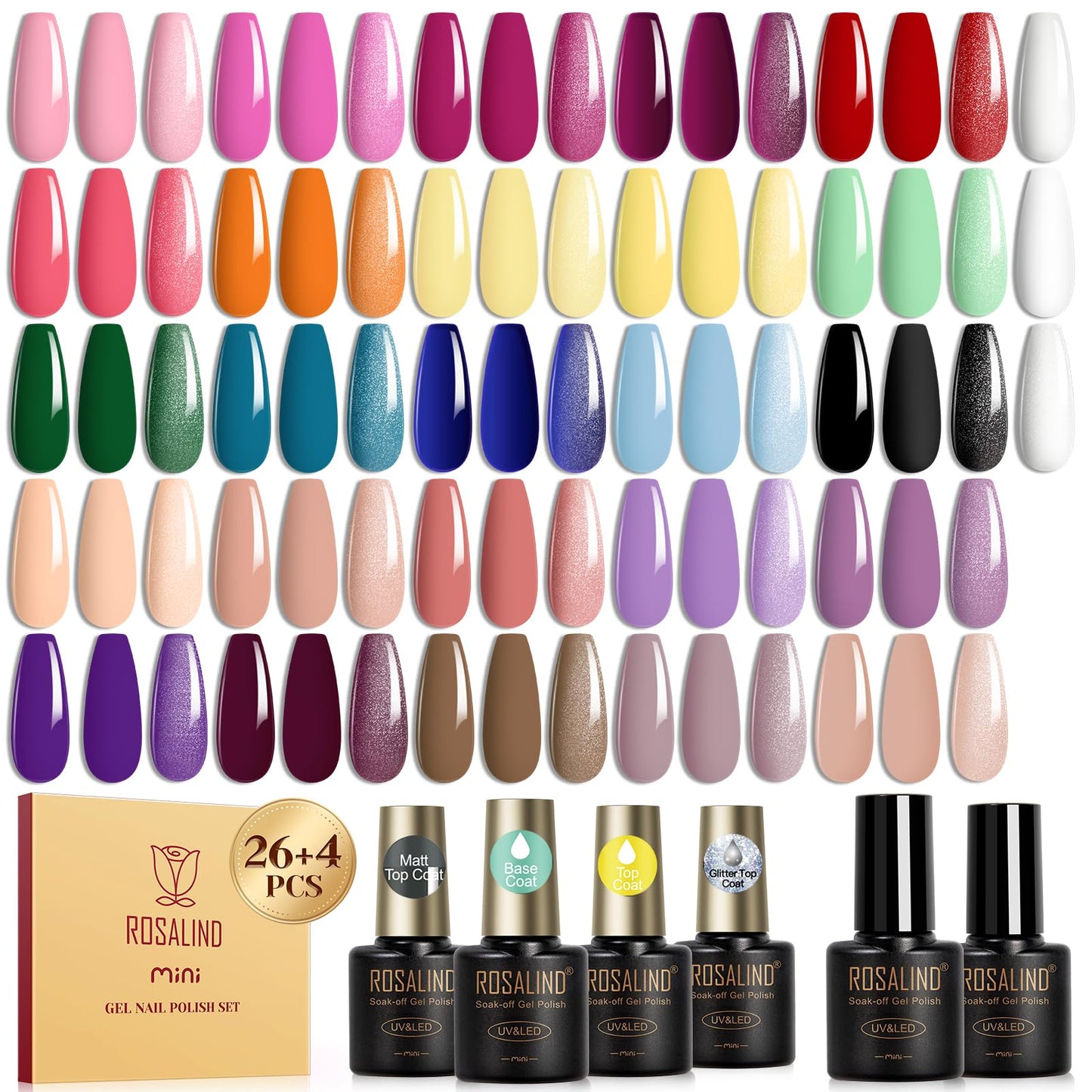 ROSALIND 30pcs Gel Nail Polish Set with Base and Glossy & Matte & Glitter Top Coat, 26 Colors Gel Polish Set Pink Nude Red Yellow Green Black White Nail Kit LED Needed Salon DIY Home Gift for Women