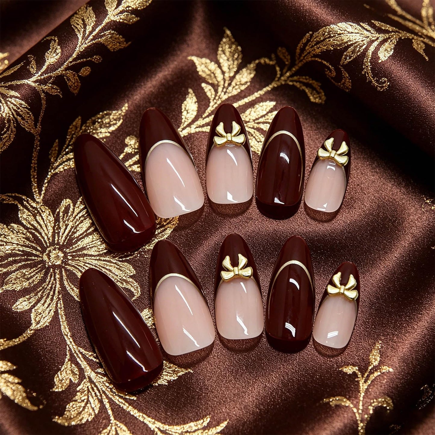 Burgundy Nude Press on Nails Glossy Gold Bow Medium Almond Fake Nail French Tips False Nails with Metallic Line Design Elegant Stick on Nail Simple Glue on Artificial Fingernails for Women Daily Wear