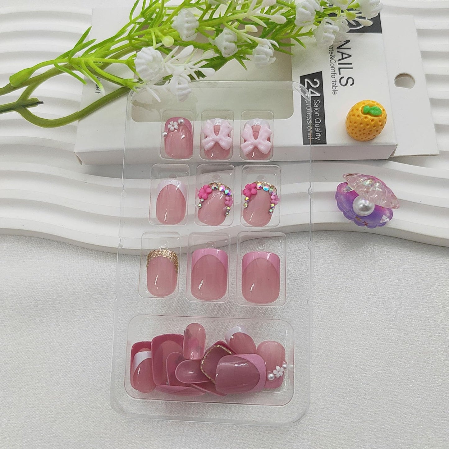 Spring Press on Nails Square Short Fake Nails with 3D Flower Rhinestones Bow Designs Pink White French Nails Press ons Glossy Glue on Nails Nude Acrylic Nails Glitter Stick on Nails for Women 24Pcs
