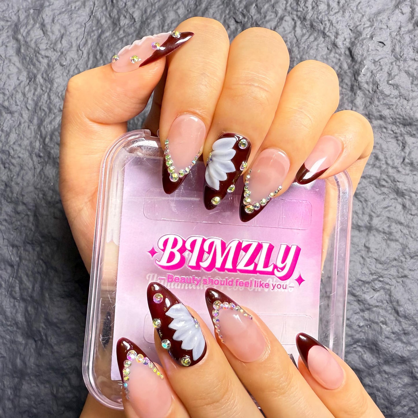 Handmade Press On Nails Almond Medium Elegant Cherry Red French With Rhinestone Detail Handmade Nails 3d Dloral Reusable Wedding Prom And Festival Acrylic Press On Nails (Medium)