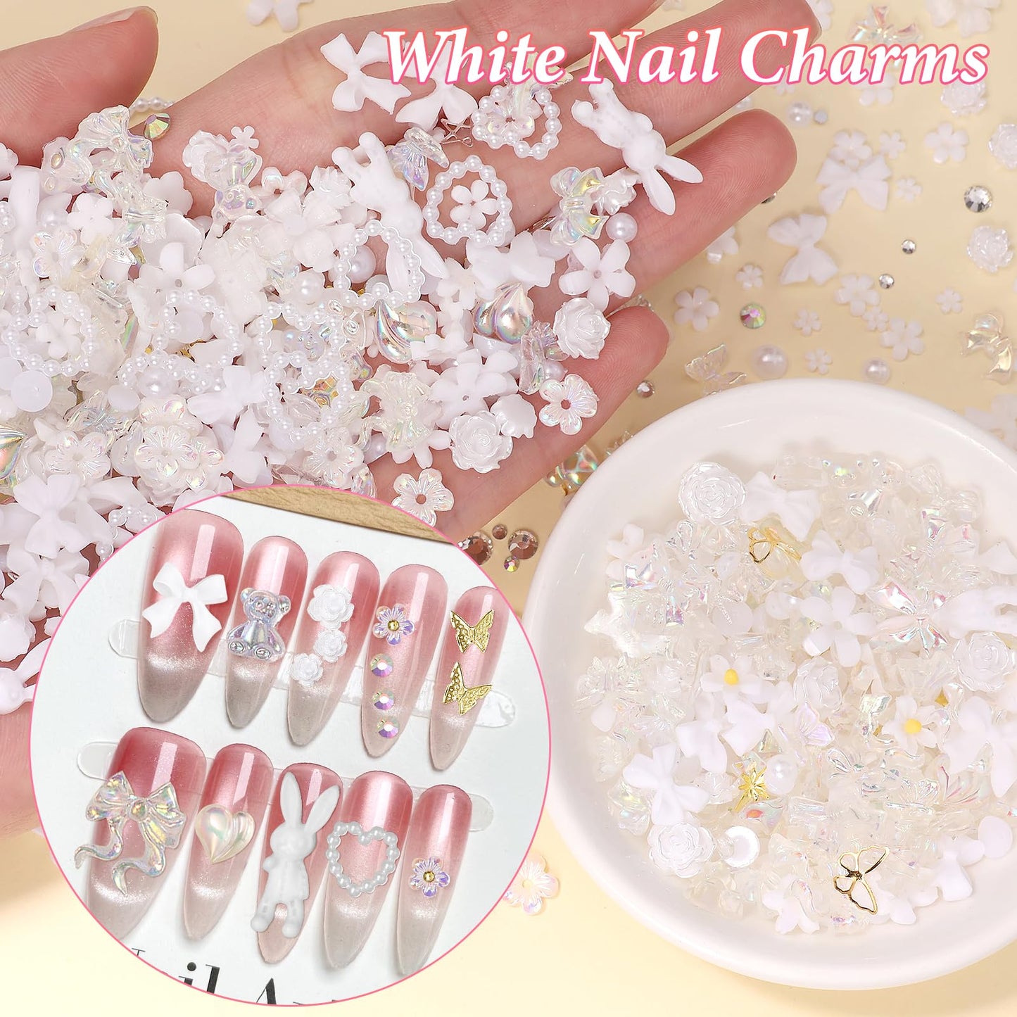 3D Nail Charms Junk Case Charms White Nail Flower Mix Style Butterfly Rose Bow Hollow Pearl Heart Nails Art Charm with Rhinestones Flatback Pearl for Acrylic Nails Art Manicure DIY
