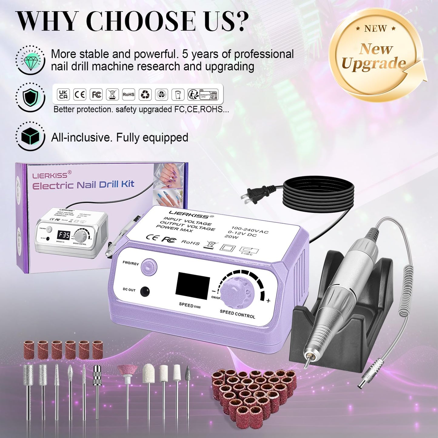 LIERKISS Nail Drill 45000RPM Electric Nail File Drill Nails Machine - Professional Nails Drill with Sanding Bands and Nail Drill Bits for Acrylic, Gel Nail Manicure & Pedicure, Palepurple