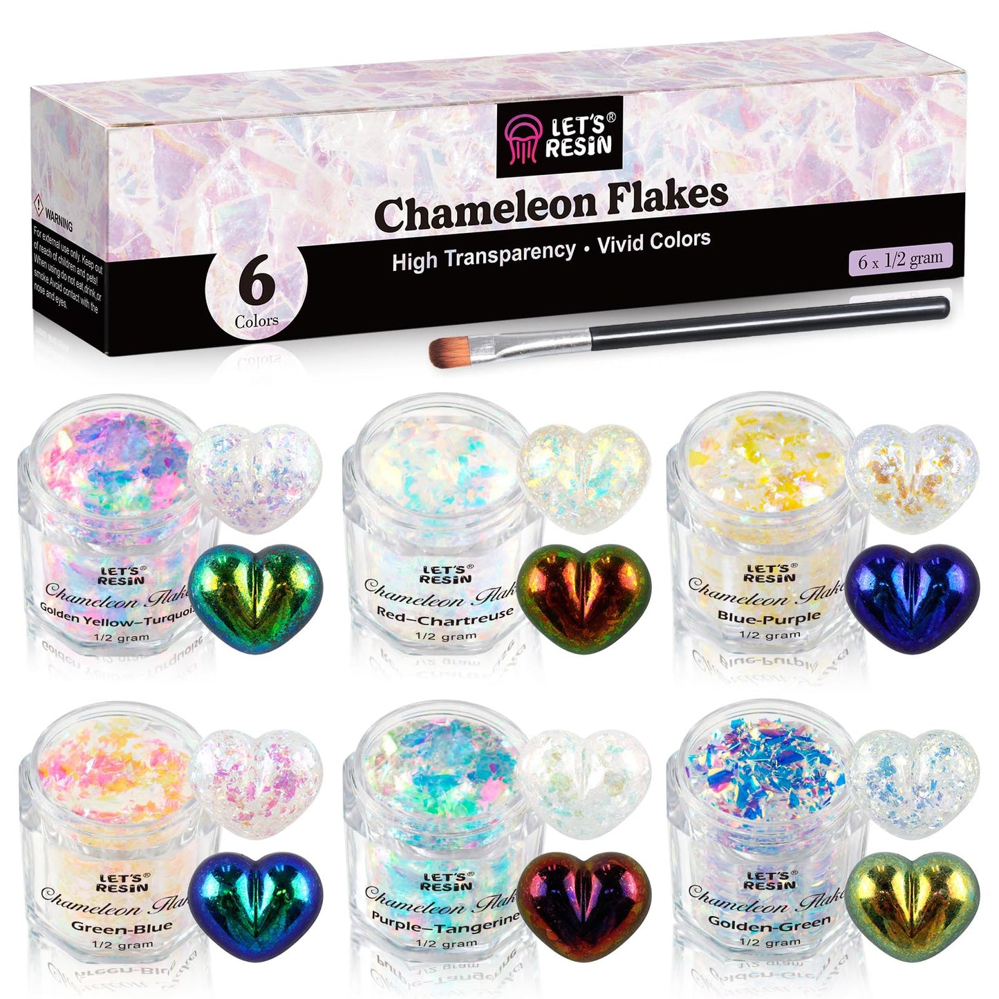 LET'S RESIN Opal Chameleon Flake, Transparent Glitter Flake for Epoxy Resin, 6 Colors Iridescent Color-Shift Pigment Powder for Resin Molds/Silicone Molds/Tumblers/Nail Art, Resin Supplies