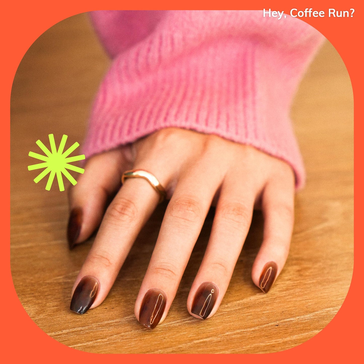Heyhae Semi Cured Gel Nail Strips | No LED Lamp Needed | Marble, Brown | Easy Apply & Remove, Salon Quality | Includes 28 Strips, 1 Prep Pads, Nail File & Wooden stick - Hey, Coffee Run?