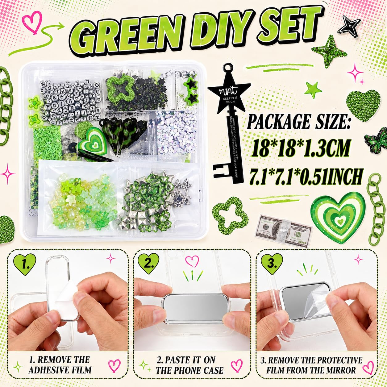 Prdingfy Green DIY Decoration Charms Kit, 3D Resin Flatback Charms with Stars, Starbursts, Flowers, Rhinestones, Moons & Bears for Phone Case Crafts & Nail Art Accessories
