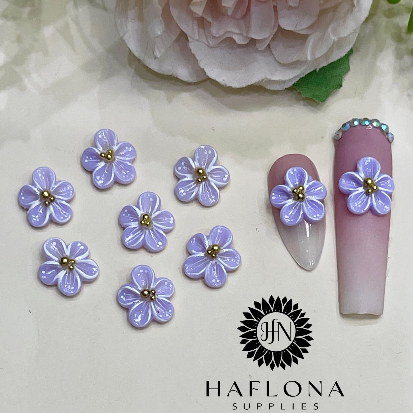 Set 10Pcs Gel 3D Violet Apricot Flowers Nails Charms Handmade by Gel, Design For Medium Nail 3D Flower For Nail Art Floral Salon Decor For Women Girls (Violet Apricot-Medium 10PCs)