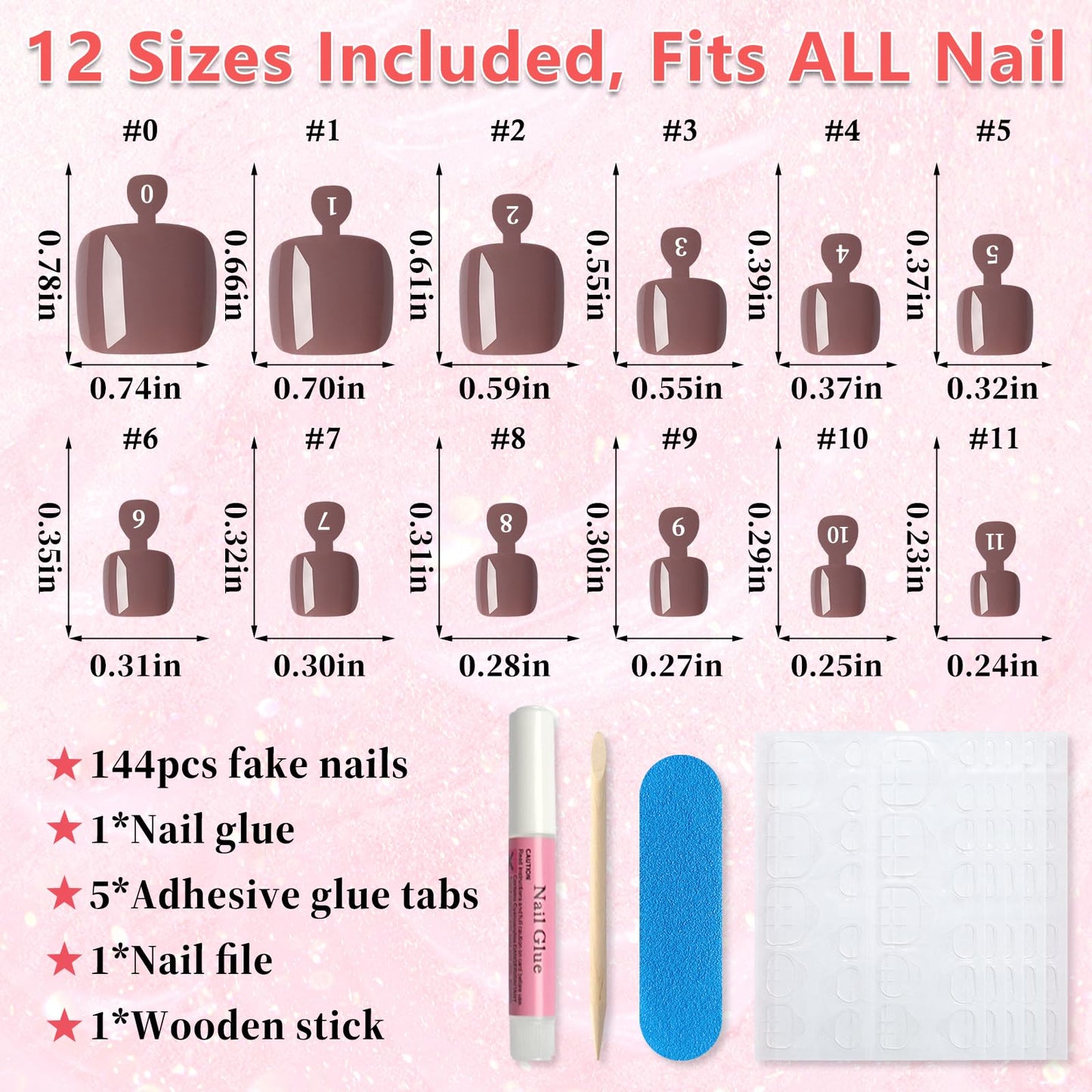 EternalClassic 144pc Press on Toenails for Women Toe Nail Press ons Short Square with Glue&Jelly Glue, Brown Fake Toe Nails Glue on Toe Nails, Full Cover Acrylic Artificial Toe Press on Nails