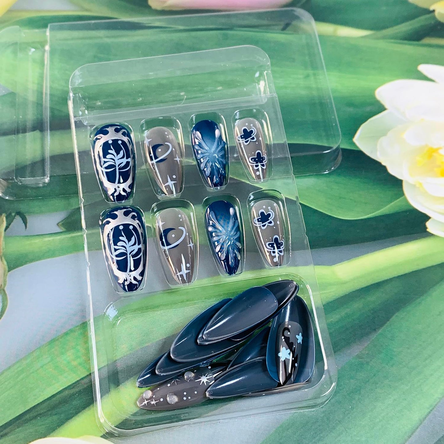 EYZOTSF Press on Almond Nails Medium Length Glossy Full Cover Acrylic Almond Shaped False Nails with Designs Artificial Fake Nail with Charms Glue Stick ons Fingernails for Women Girls(Z1110)