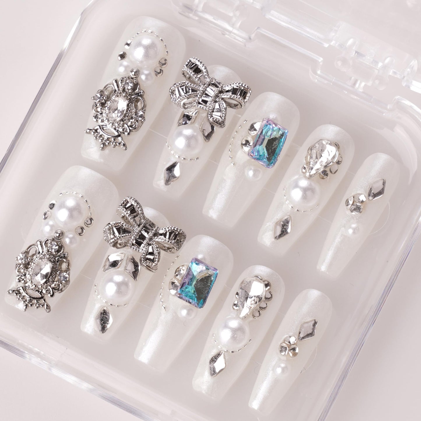Ballerina Shaped Luxury Press on Nails - White Valentine | Valentine's Day Artificial False Nails Long Coffin, Glossy Fake Nails with 3D Pearls & Sparkling Diamond, Salon Quality Reusable Nails Kit