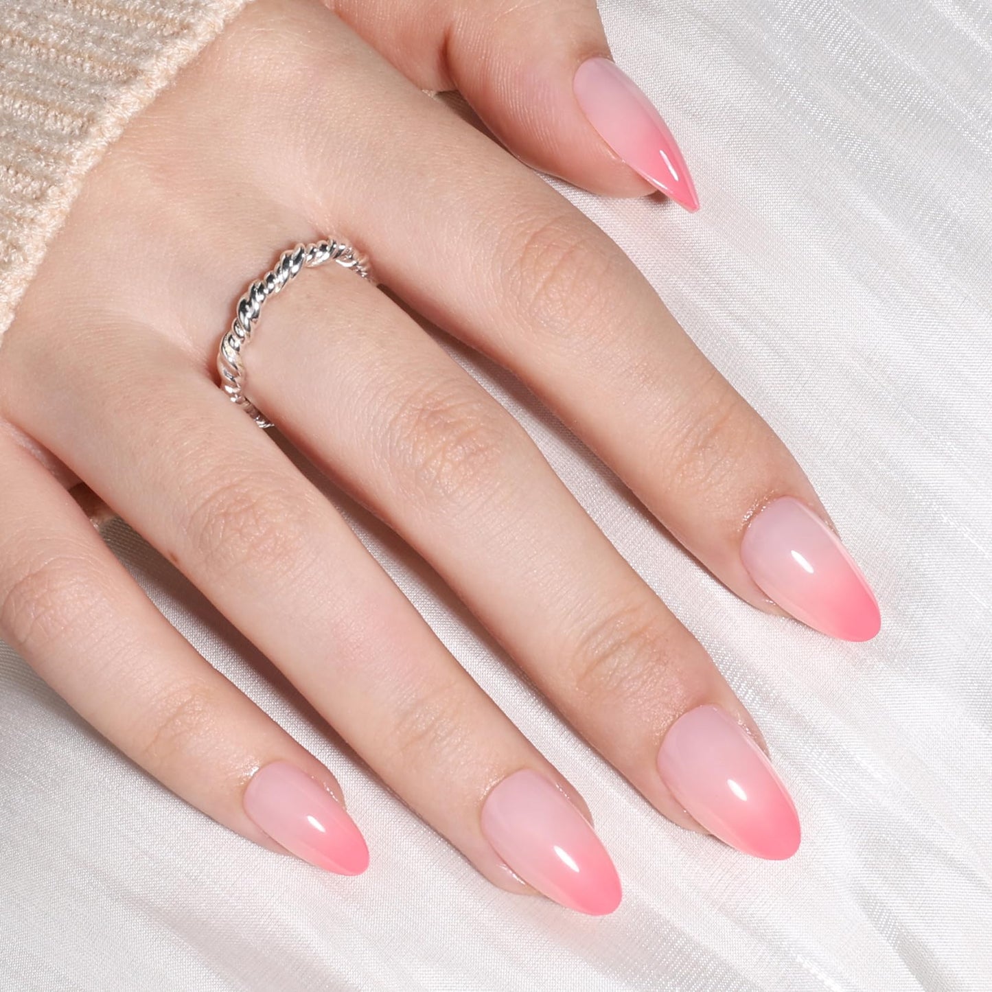 Pink Ombre Press On Nails Almond - Short Almond Fake Nails with Nail Glue, Pink Press On Nails Opaque Reusable Stick On Nails in 16 Sizes - 32 Nail Kit for Women & Girls | Salon Quality