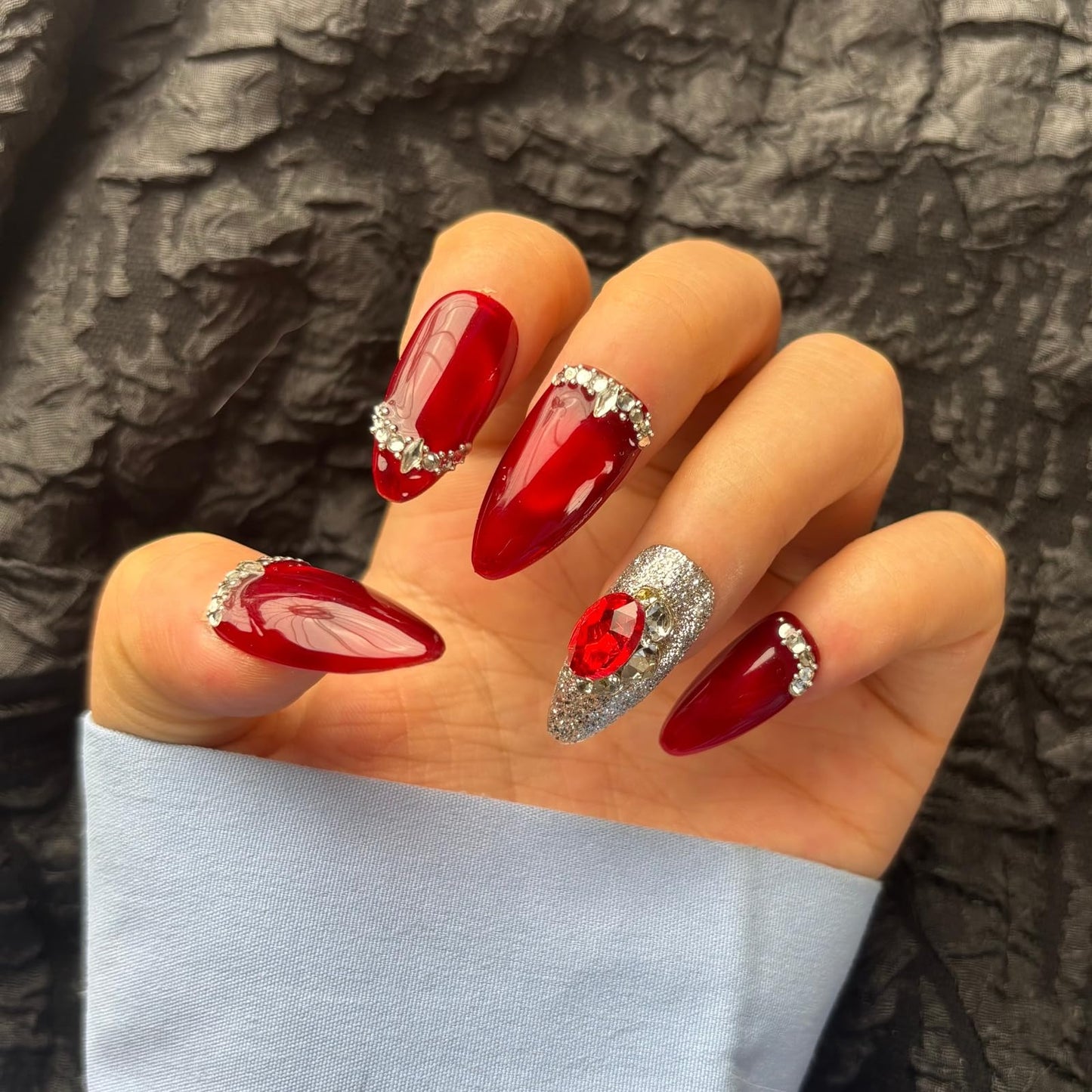 AKA Unicorn Handmade Press On Nails Medium Almond Shape,10Pcs Red Rhine stone Acrylic Fake Nails,Glue On Nail with 3D Charms for Woman Daily Wear&Wedding（Design Concept:Forever Love）