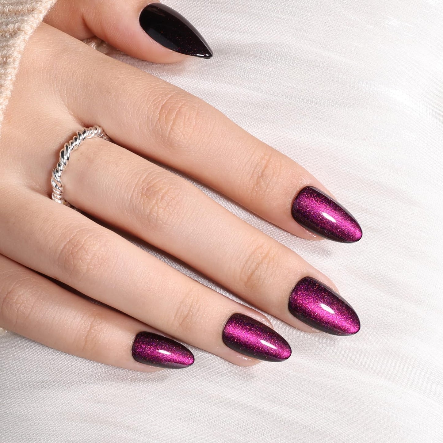 Purple Cat Eye Press On Nails - Short Almond Cat Eye Nails Press Ons for Women Fake Nails with Glue, Glossy Reusable Glue on Nail in 16 Sizes - 32pcs
